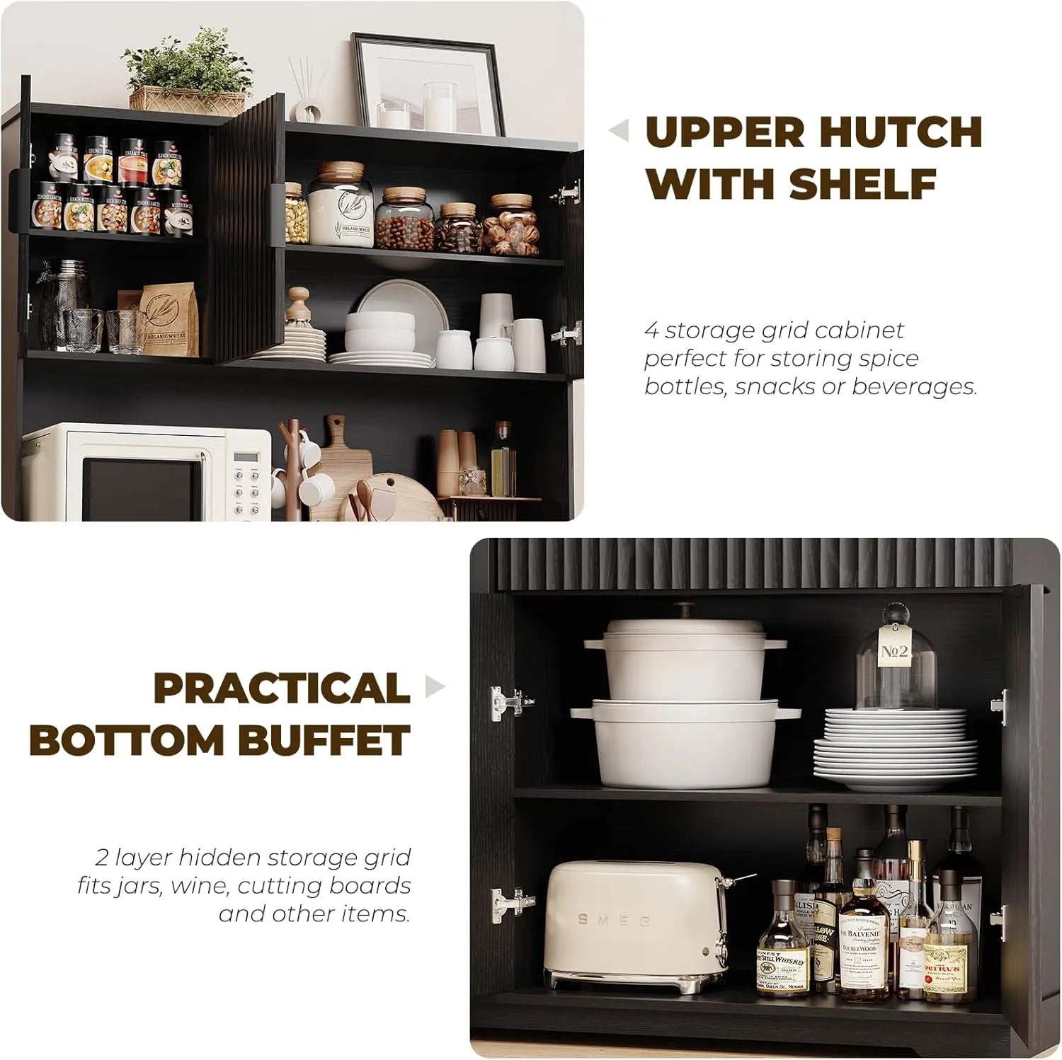 BROTTAR 69” Tall Fluted Kitchen Pantry with Fridge, Coffee Bar Cabinet