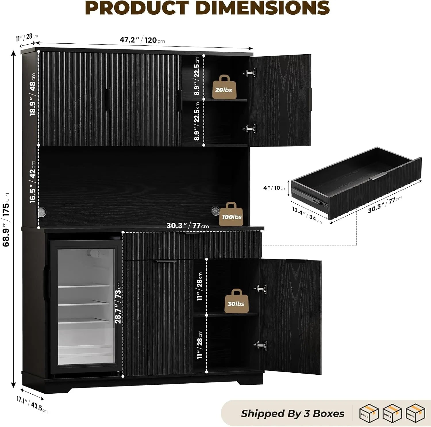 BROTTAR 69” Tall Fluted Kitchen Pantry with Fridge, Coffee Bar Cabinet