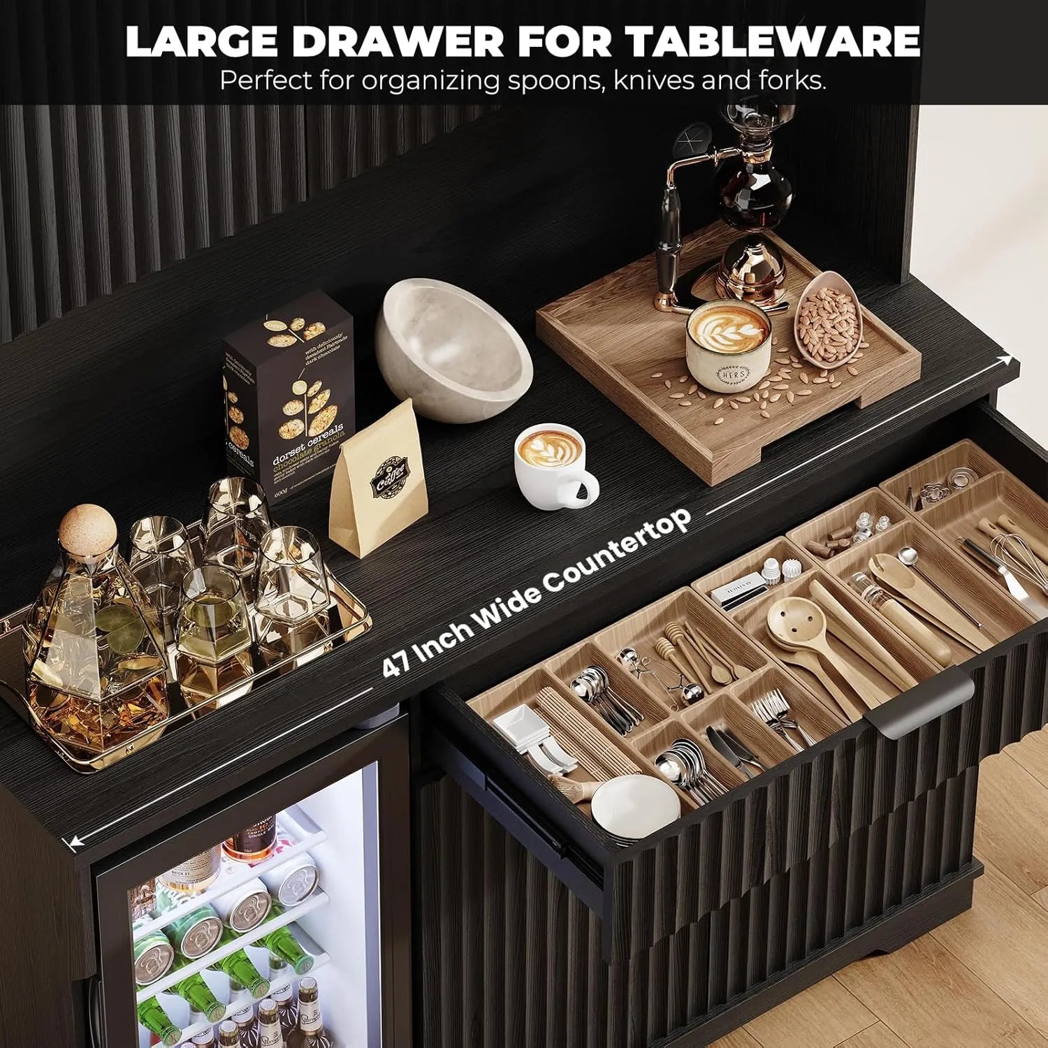 BROTTAR 69” Tall Fluted Kitchen Pantry with Fridge, Coffee Bar Cabinet