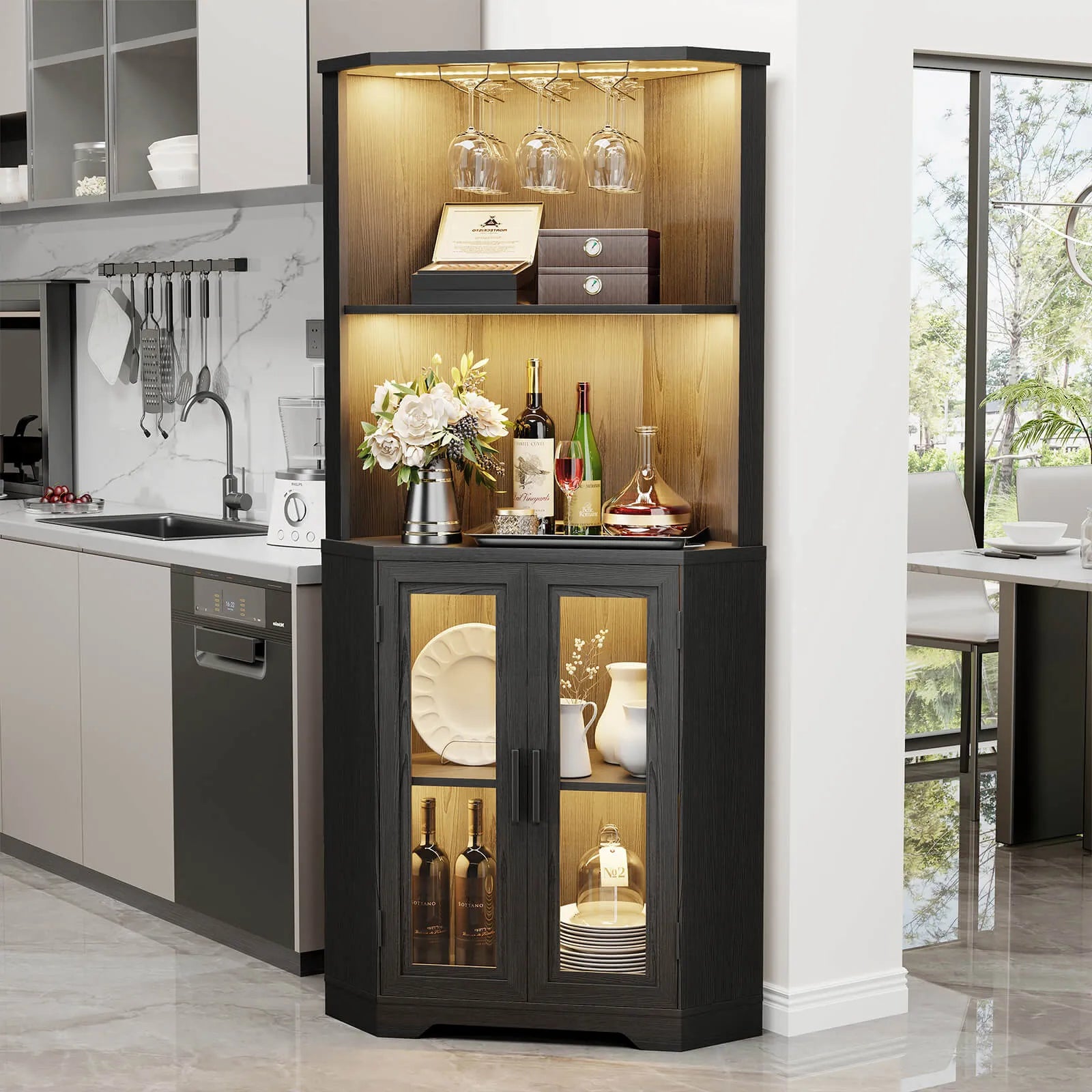 BROTTAR® Corner Wine Bar Cabinet with LEDs & Glass Holder