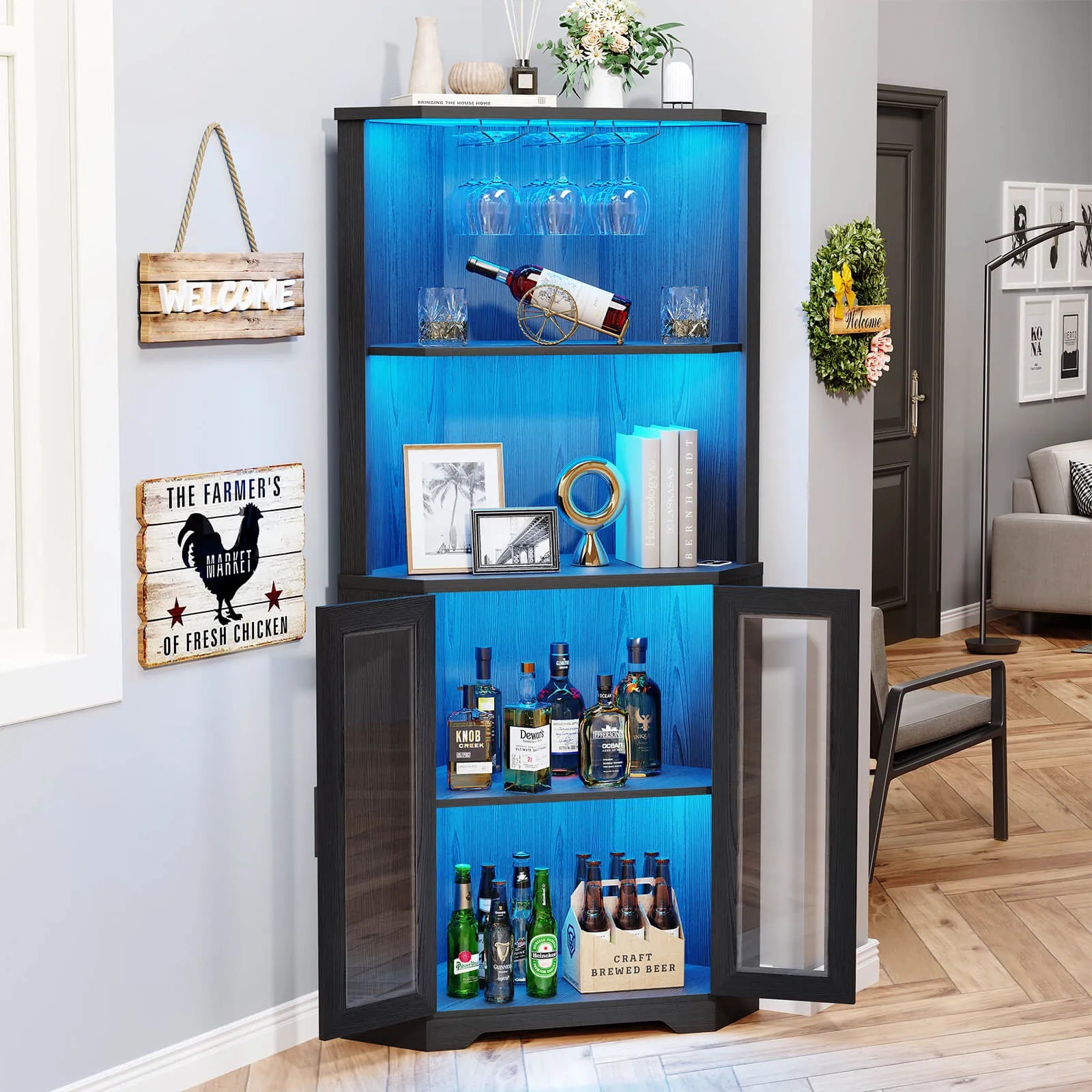 BROTTAR® Corner Wine Bar Cabinet with LEDs & Glass Holder
