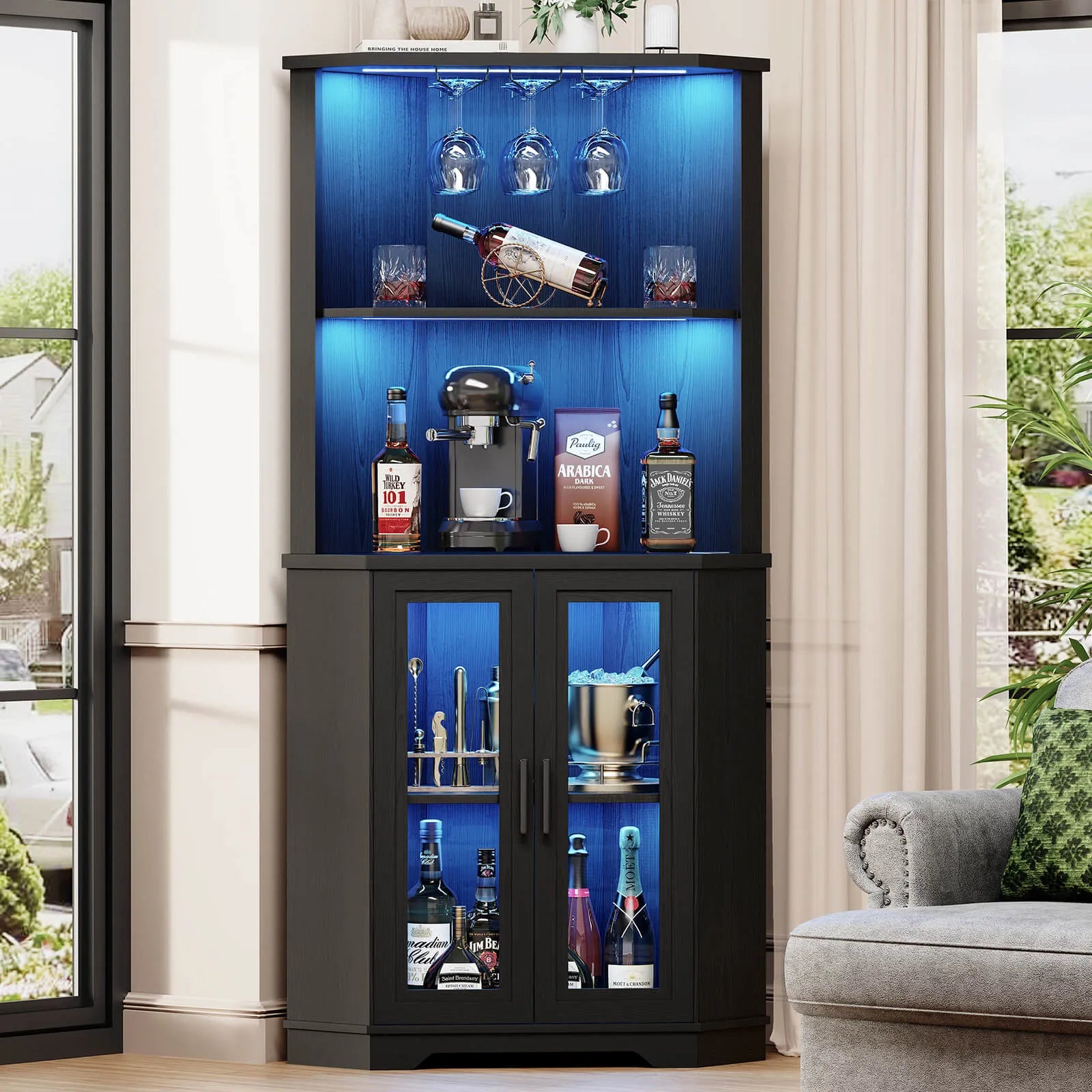 BROTTAR® Corner Wine Bar Cabinet with LEDs & Glass Holder