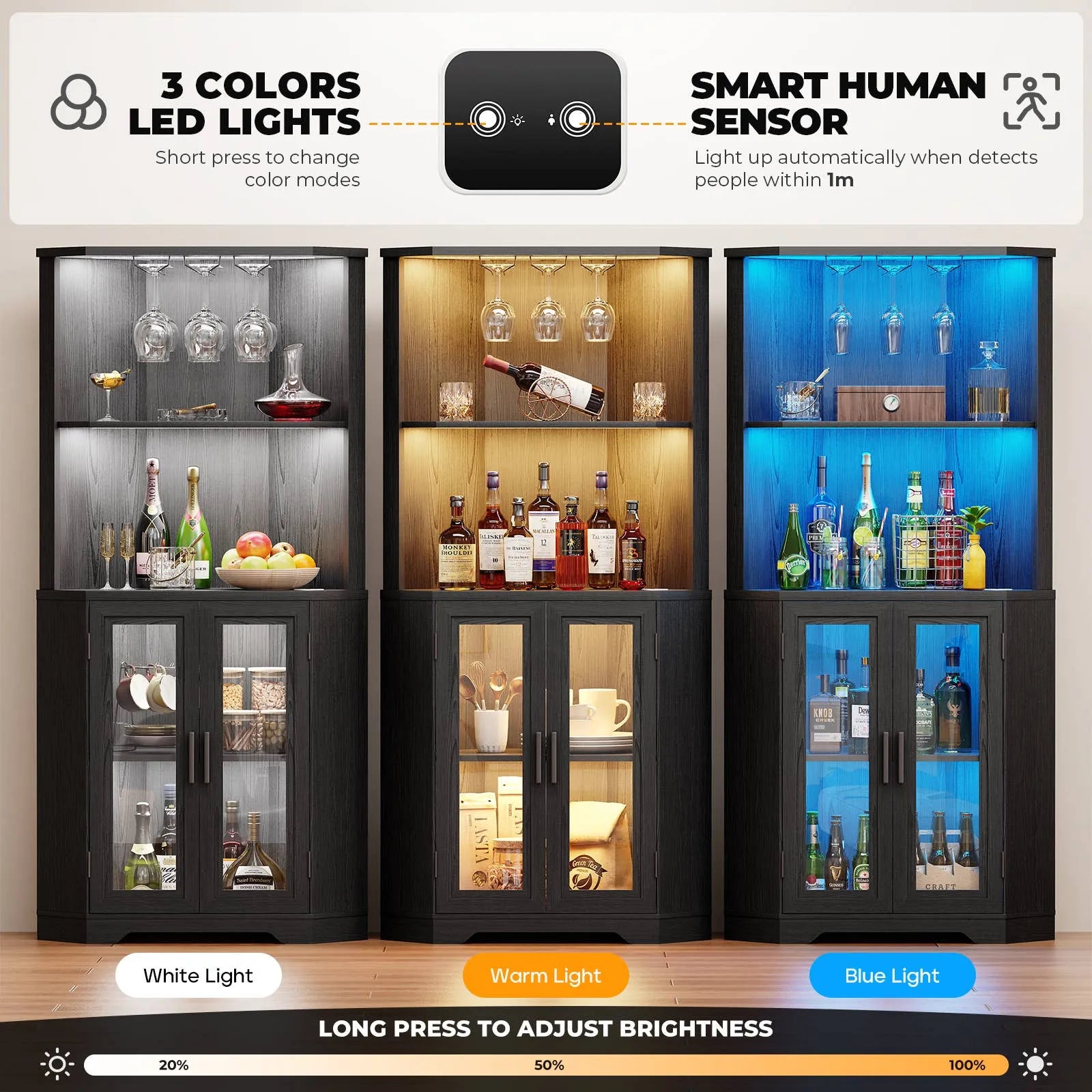 BROTTAR® Corner Wine Bar Cabinet with LEDs & Glass Holder