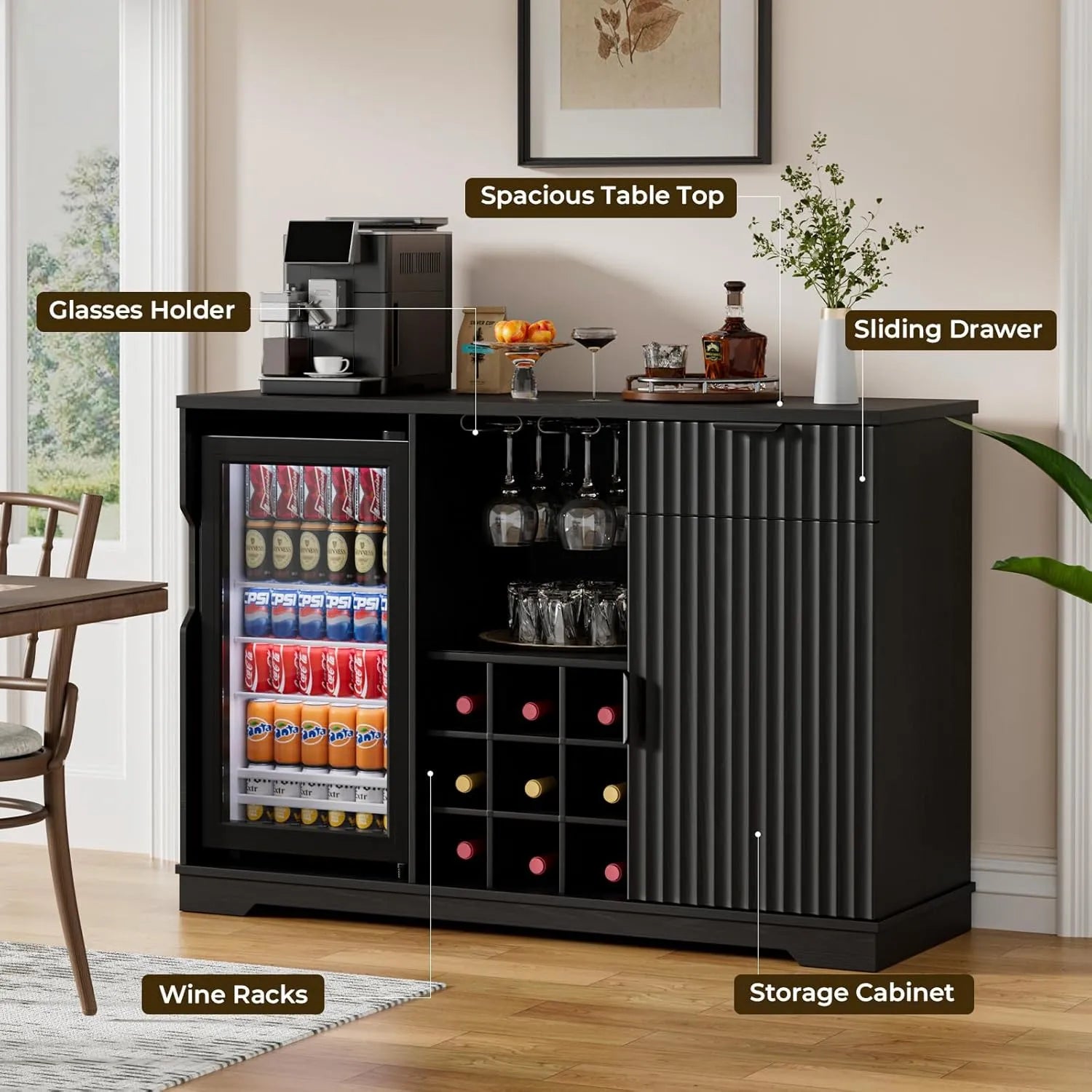 Brottar 47’’ Wide Fluted Wine Bar Cabinet with Fridge, Glass Holder & Drawer - Black