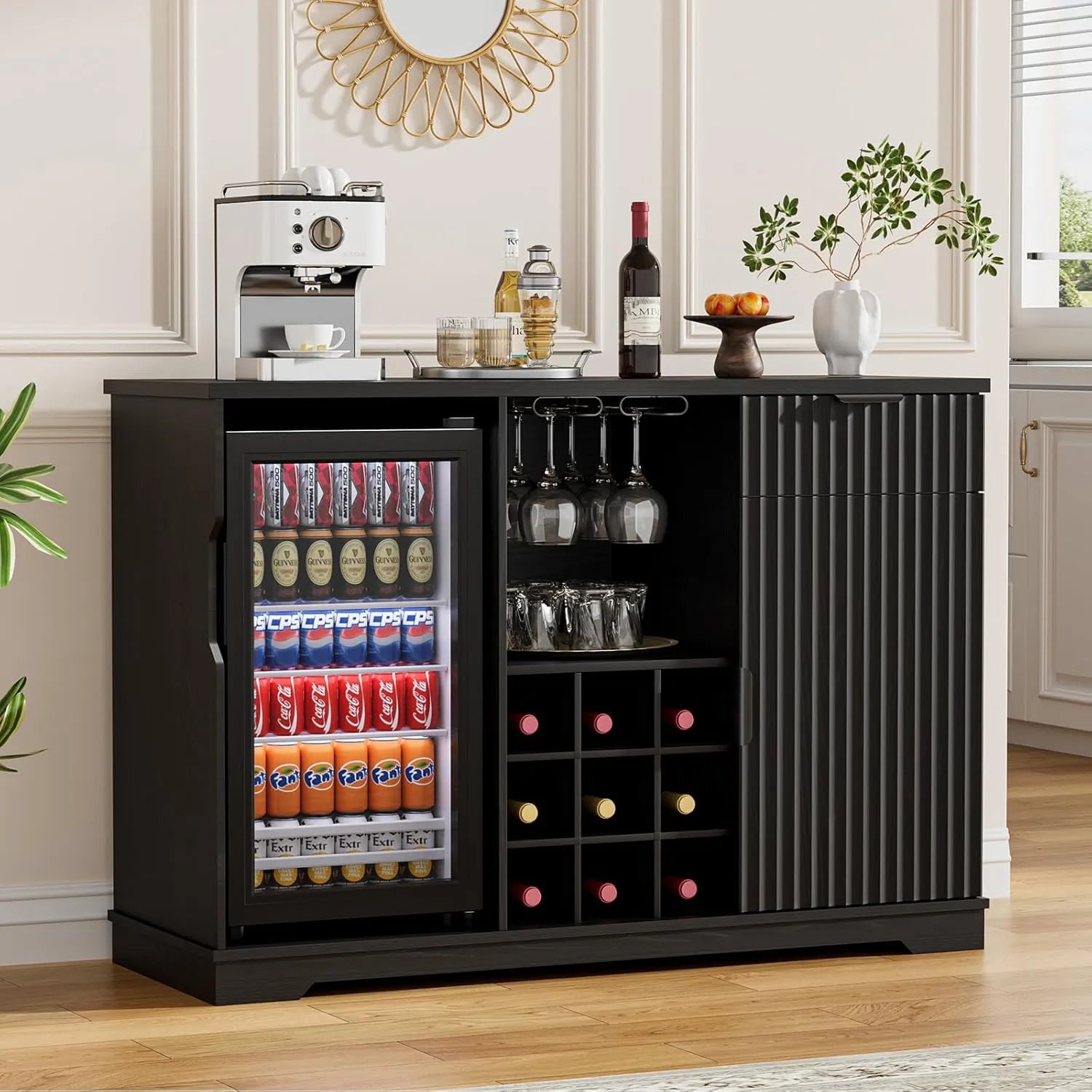 Brottar 47’’ Wide Fluted Wine Bar Cabinet with Fridge, Glass Holder & Drawer - Black