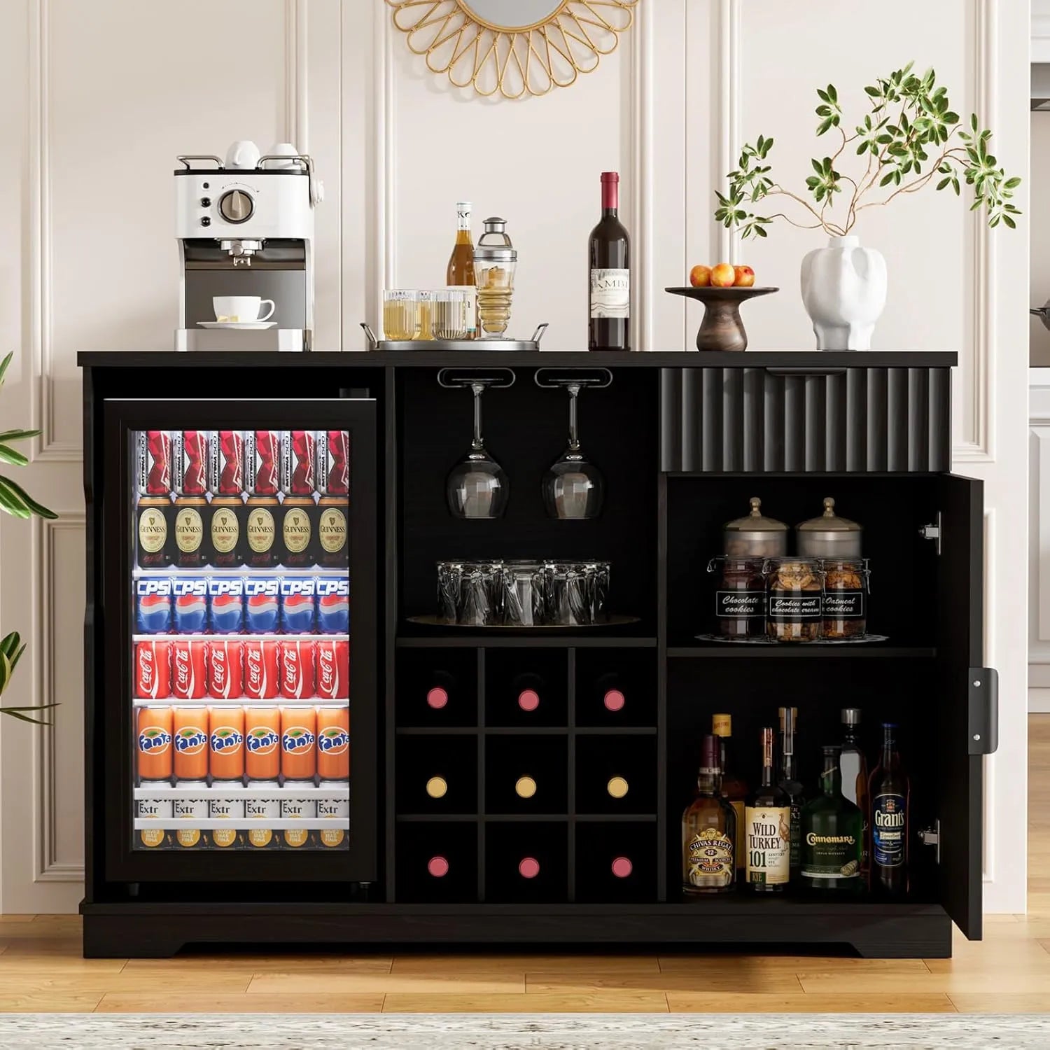 Brottar 47’’ Wide Fluted Wine Bar Cabinet with Fridge, Glass Holder & Drawer - Black