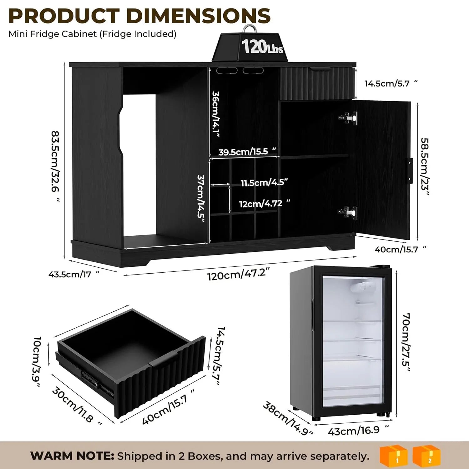 Brottar 47’’ Wide Fluted Wine Bar Cabinet with Fridge, Glass Holder & Drawer - Black