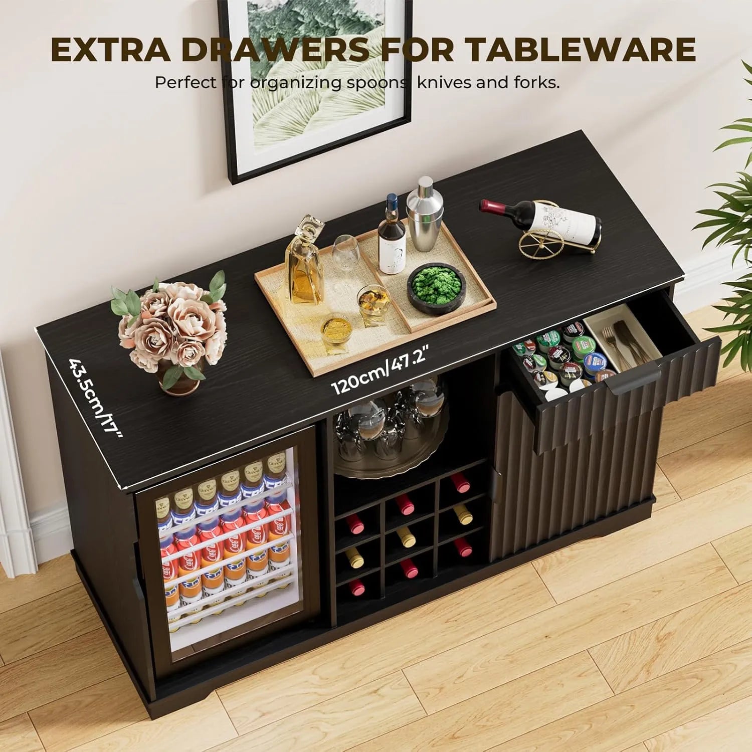 Brottar 47’’ Wide Fluted Wine Bar Cabinet with Fridge, Glass Holder & Drawer - Black