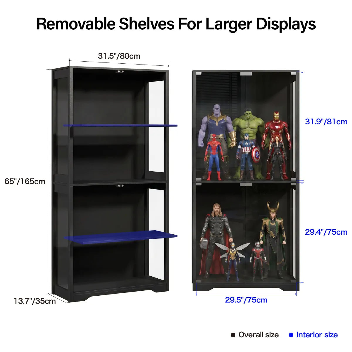 Black shelving unit with measurements and toy figures on a white background