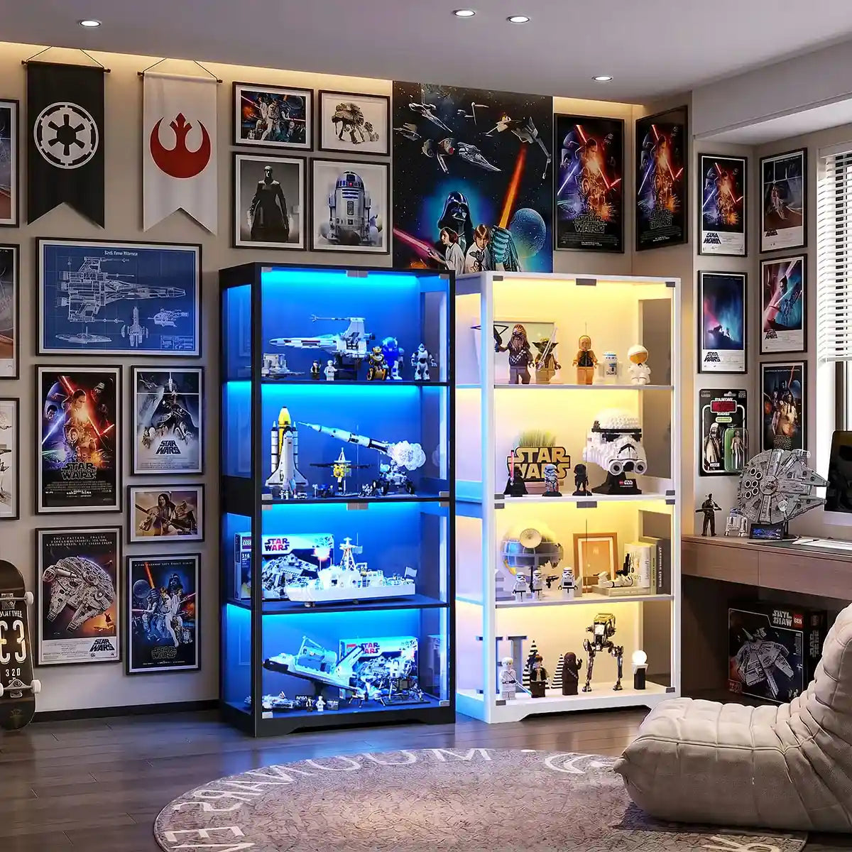 Display shelves with Star Wars models in a room decorated with related posters and memorabilia.