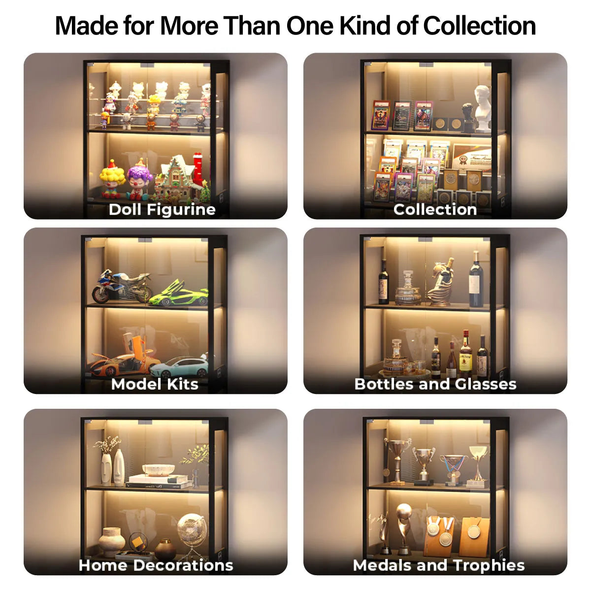 Display cabinet with various collections including doll figurines, model kits, bottles, home decorations, and medals.