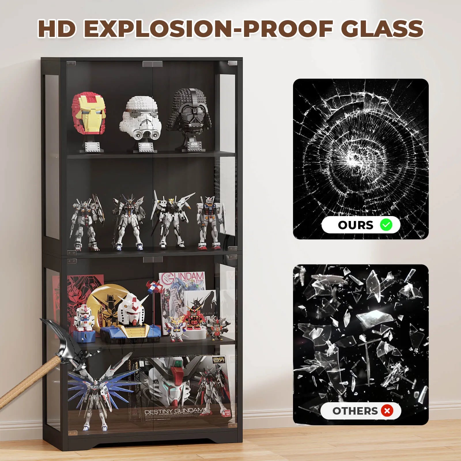 BROTTAR® Collector’s Glass Display Cabinet with Tri-Color LED Lighting - Black