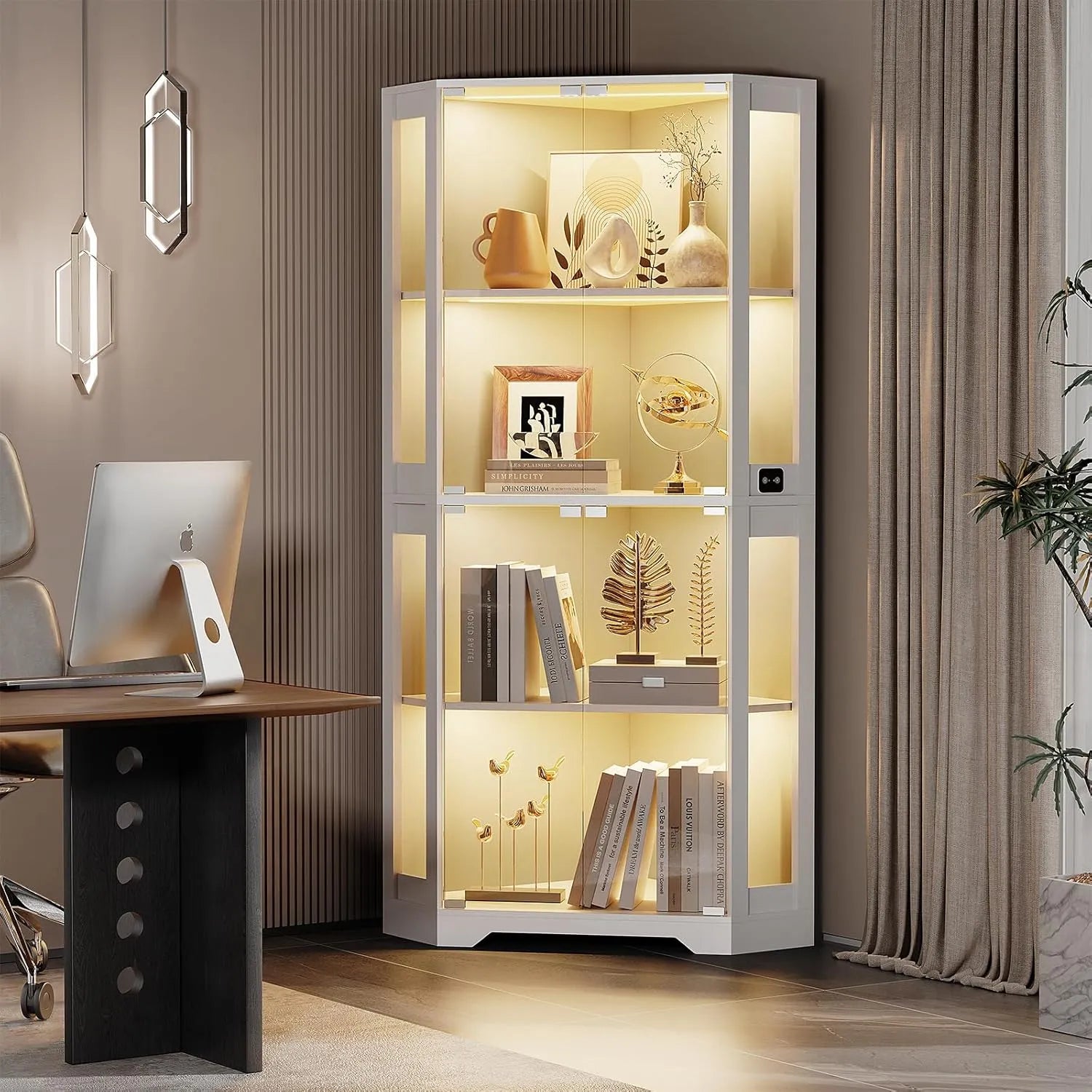 BROTTAR® White 65″ Lighted Corner Glass Cabinet