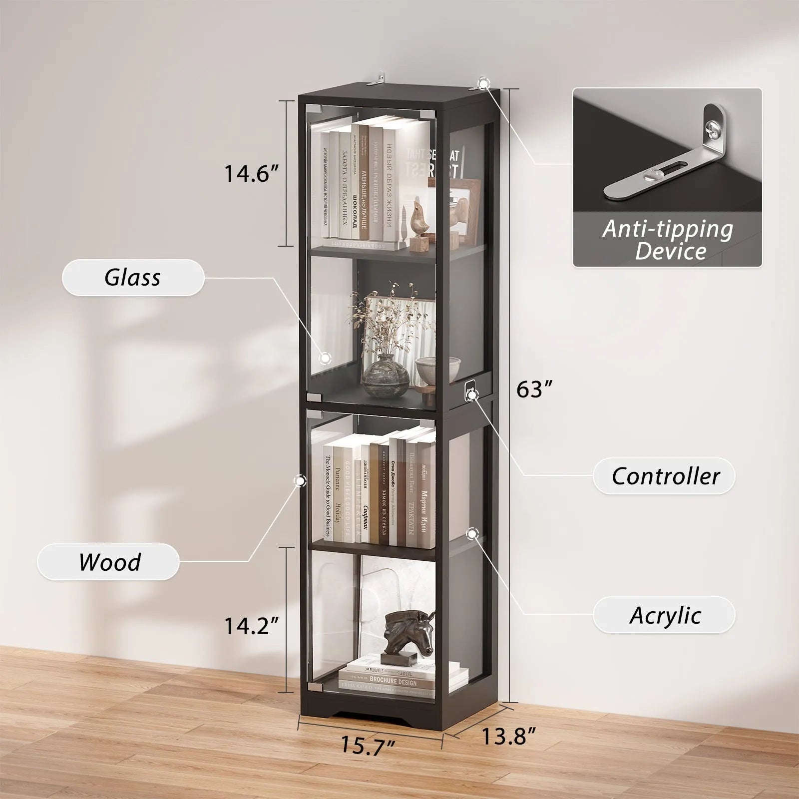 BROTTAR® Slim Glass Display Cabinet with LEDs