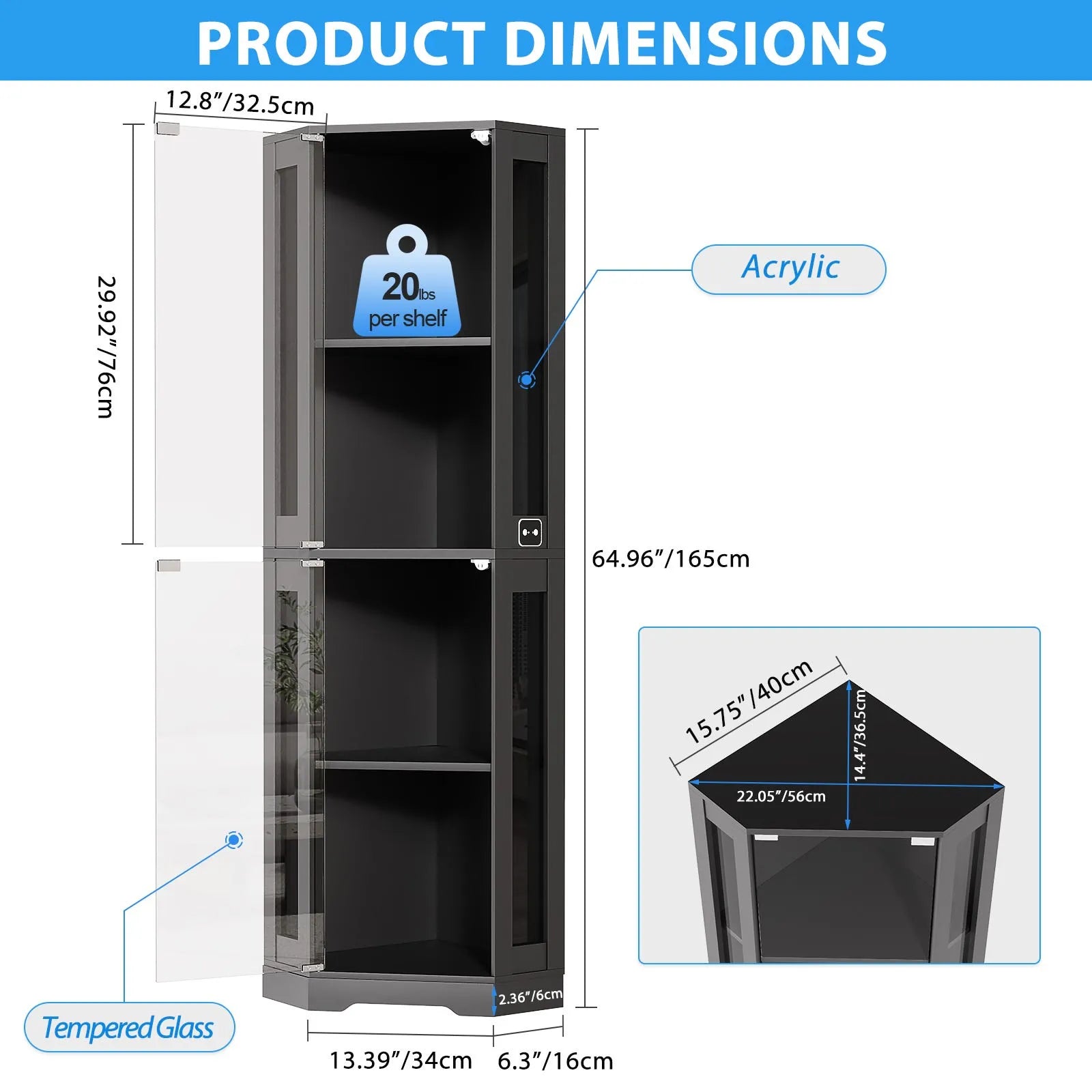 BROTTAR® Space-Saving Black Corner Cabinet with Glass Doors
