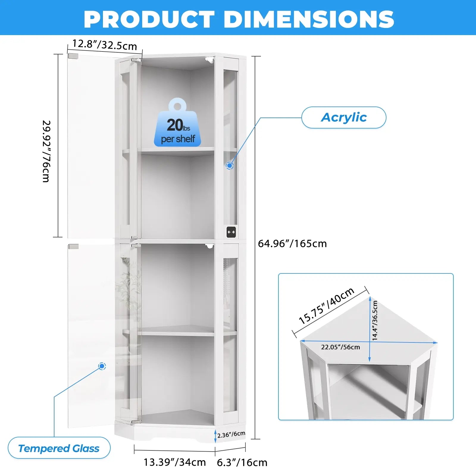BROTTAR® Space-Saving White Corner Cabinet with Glass Doors