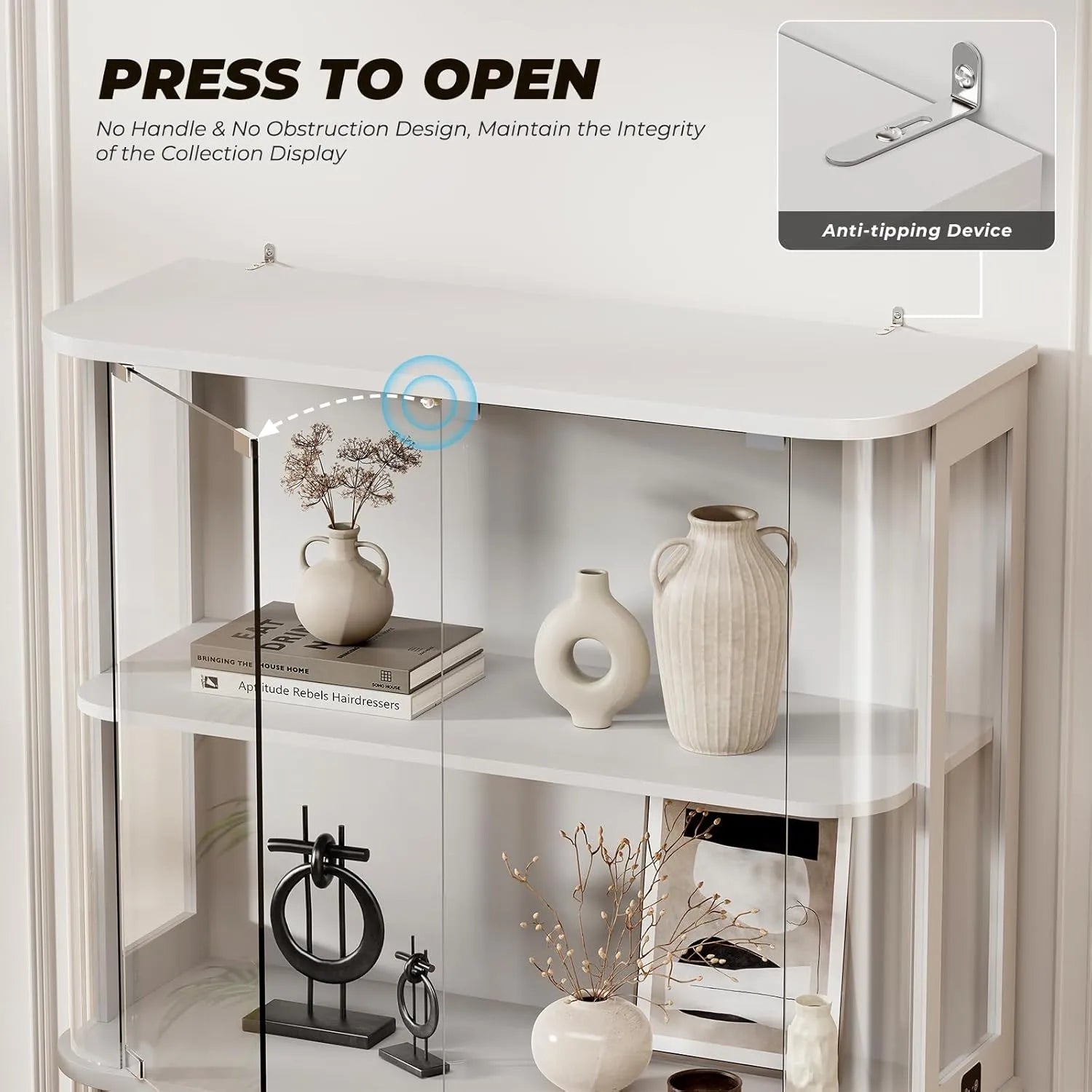 BROTTAR White Wide Rounded Glass Display Cabinet with LED Lights