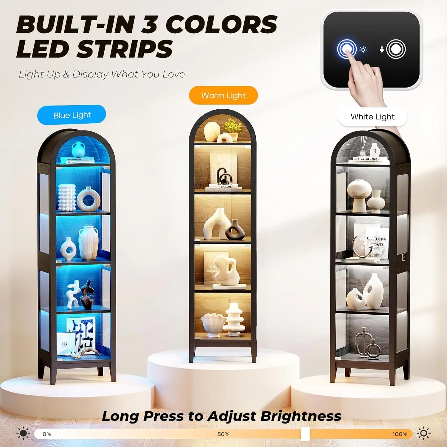 BROTTAR 71″ Tall Arched Glass Showcase Cabinet