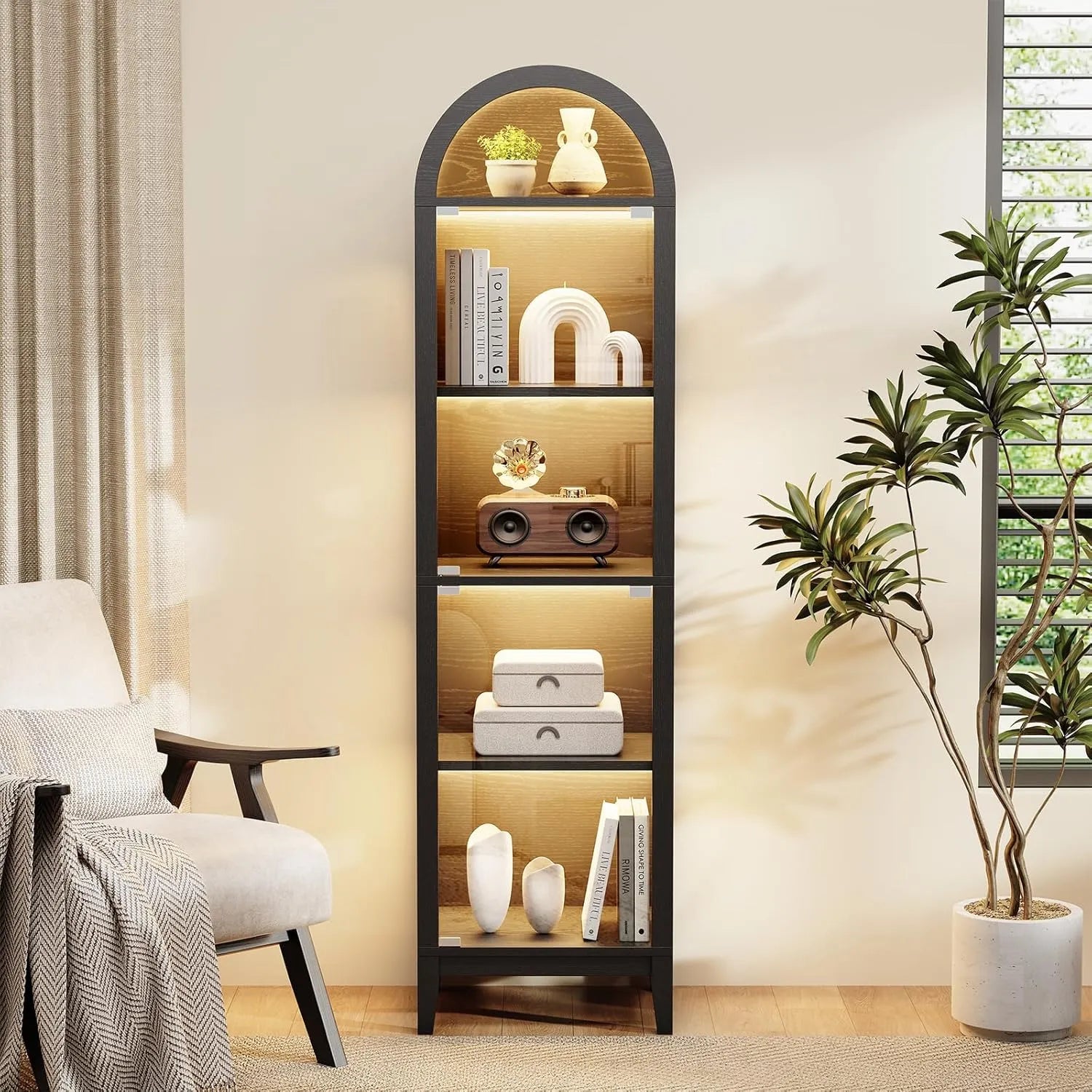 BROTTAR 71″ Tall Arched Glass Showcase Cabinet