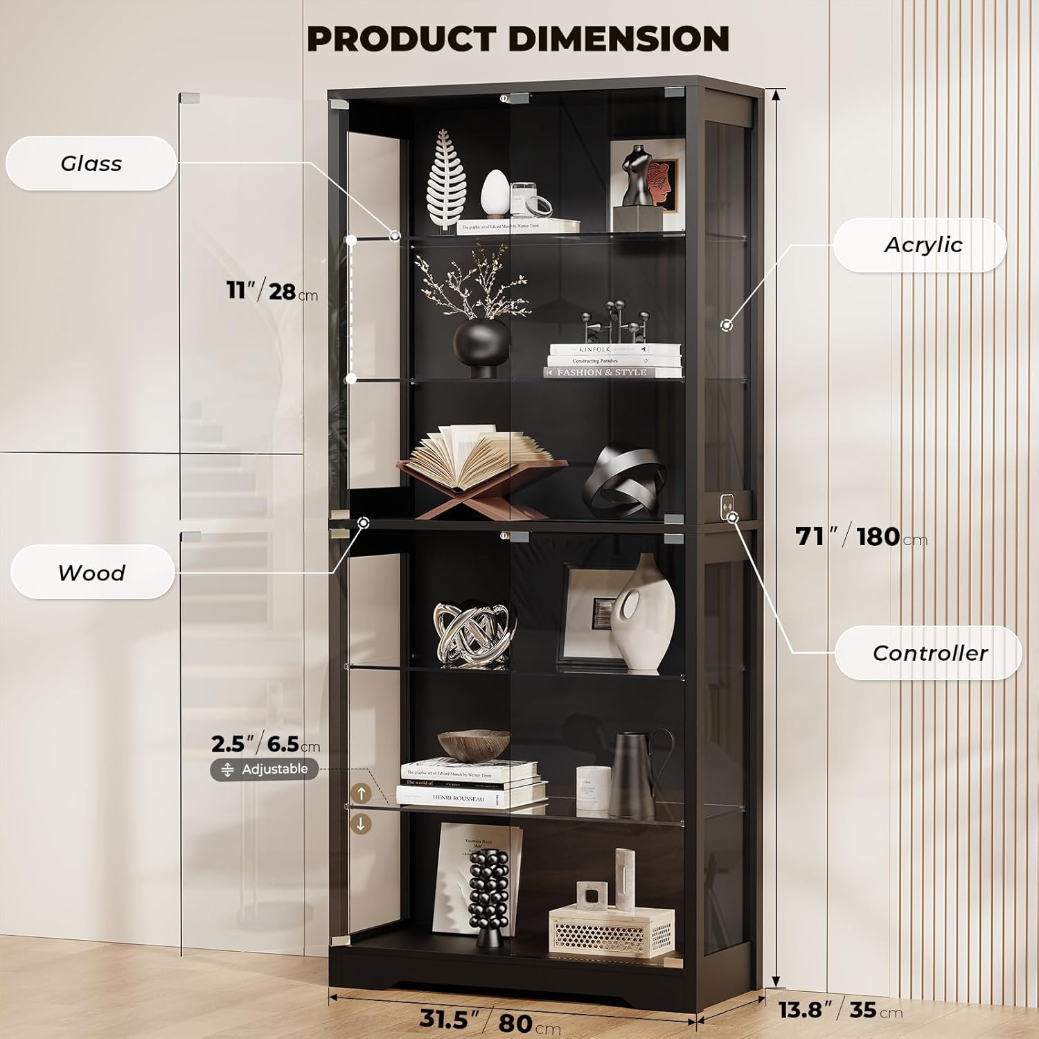 Black 6-Tier Curio Cabinet with LED Lights | BROTTAR
