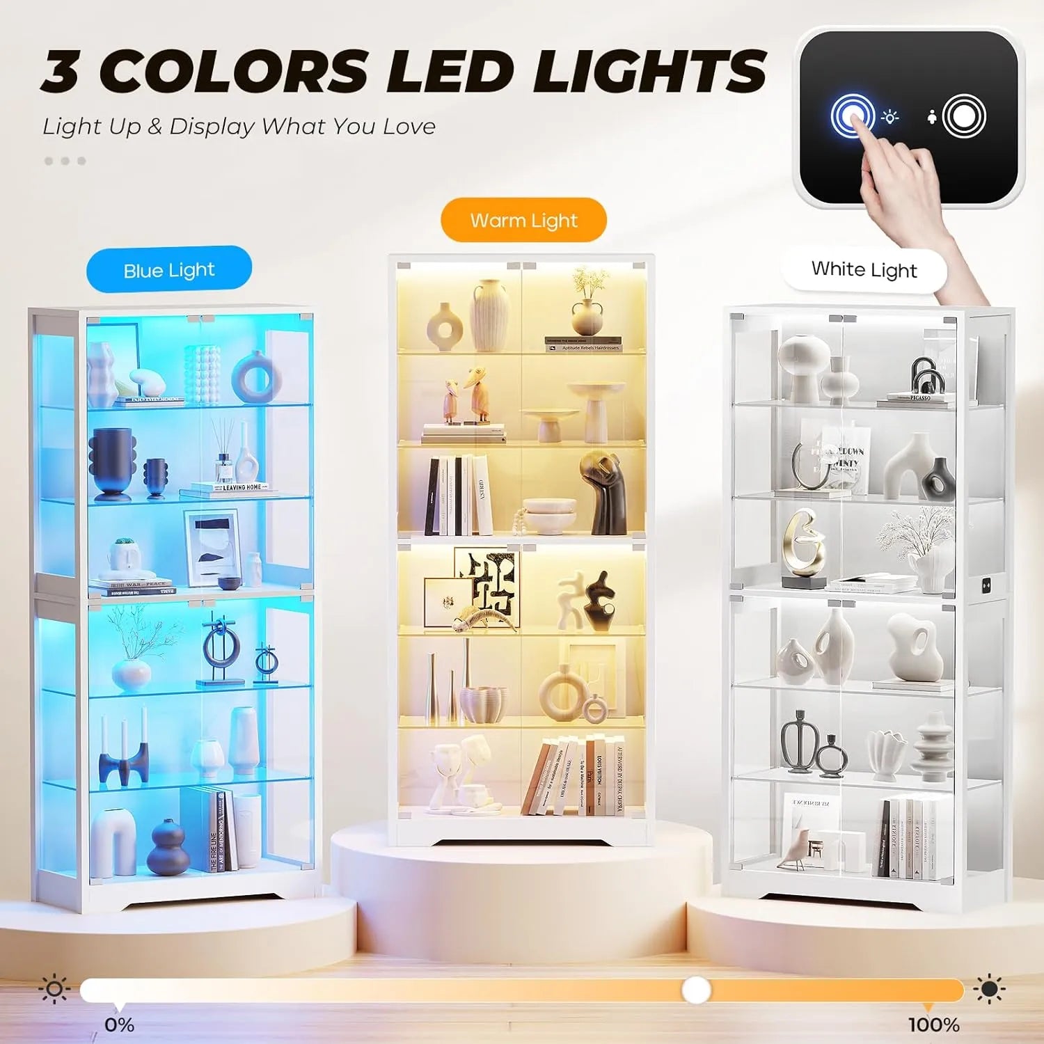 BROTTAR 6-Tier Curio Cabinet with Adjustable Glass Shelves & LED Lights - White