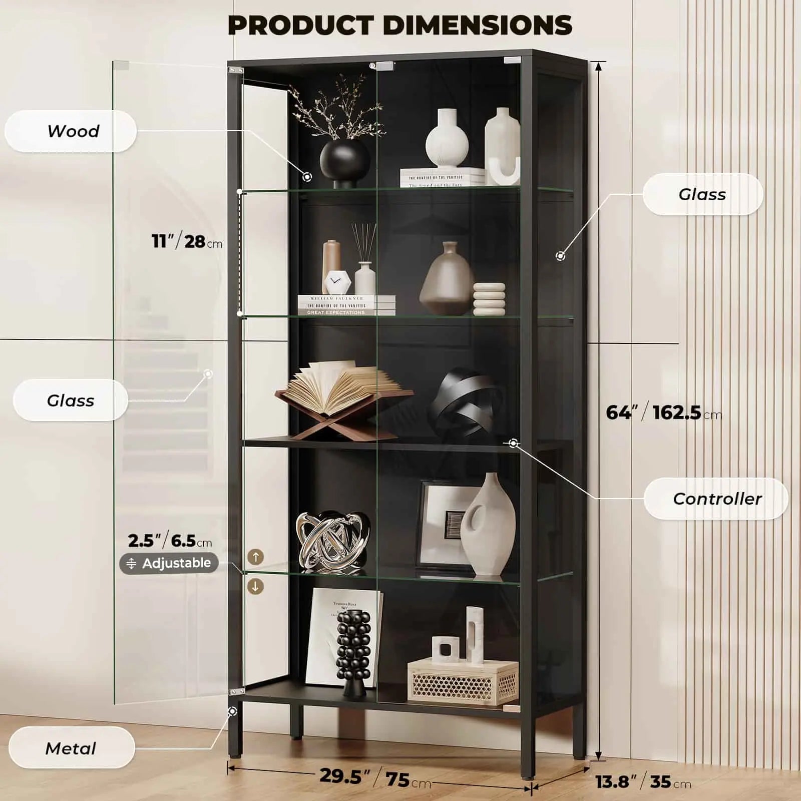 BROTTAR 5-Tier Glass Display Cabinet with Adjustable Shelves - Black