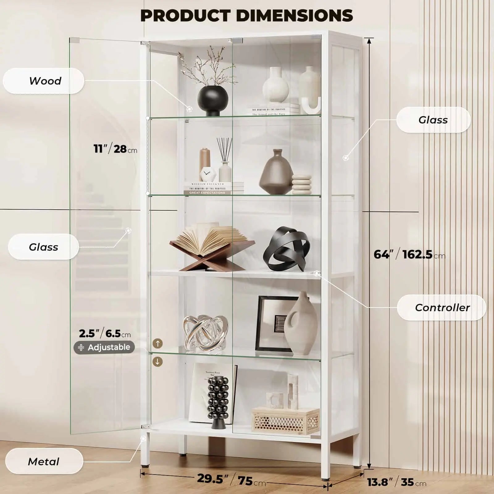 BROTTAR Glass Display Cabinet, 5-Tier with Adjustable Shelves - White