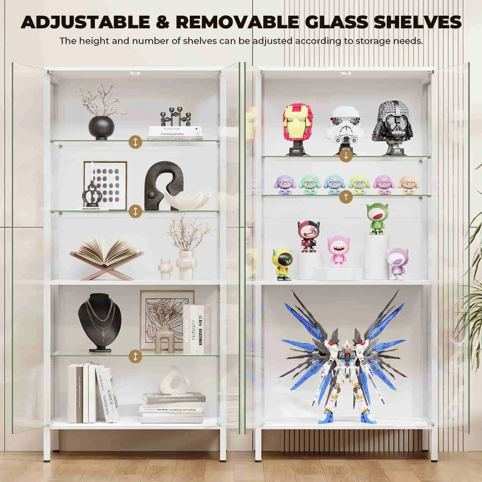 BROTTAR Glass Display Cabinet, 5-Tier with Adjustable Shelves - White