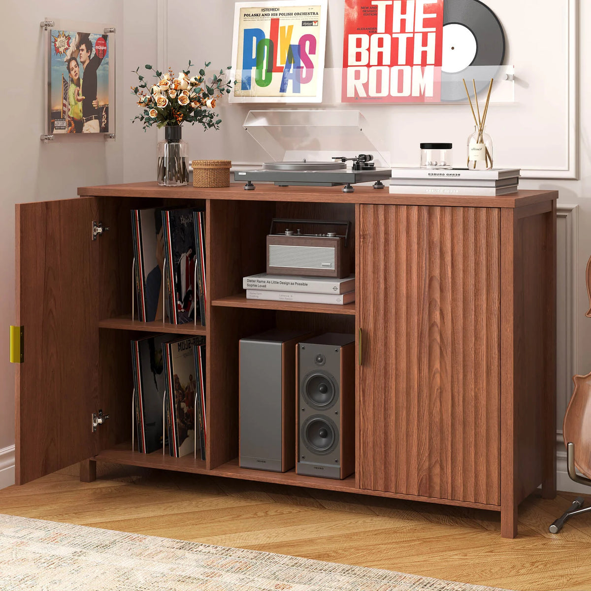BROTTAR 47" Fluted Record Player Stand with Large Vinyl Storage