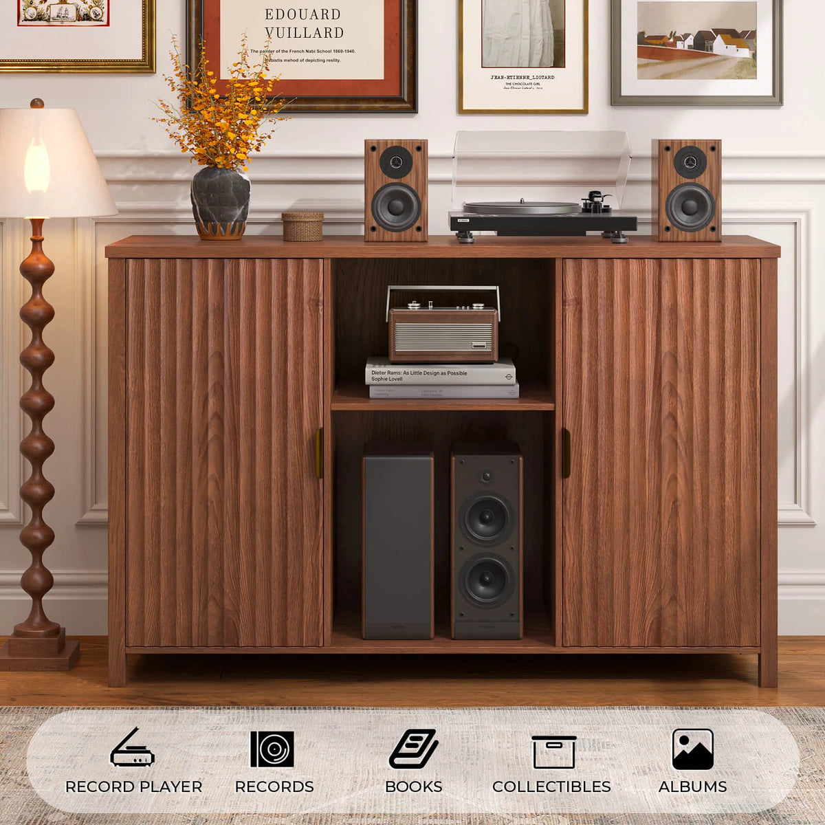 BROTTAR 47" Fluted Record Player Stand with Large Vinyl Storage
