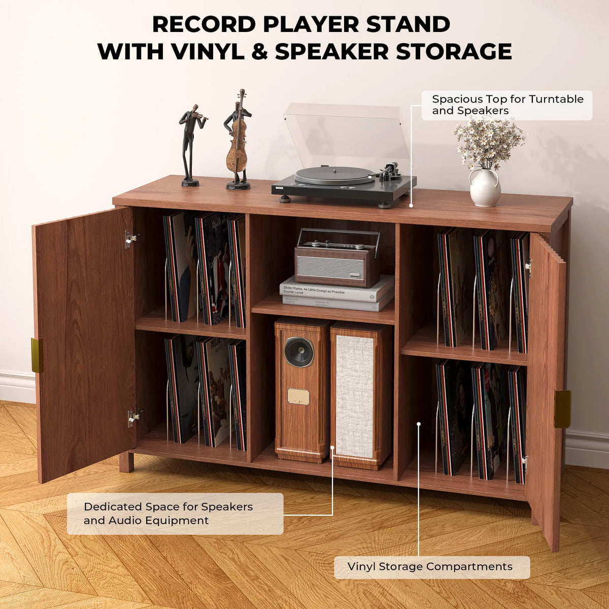 BROTTAR 47" Fluted Record Player Stand with Large Vinyl Storage