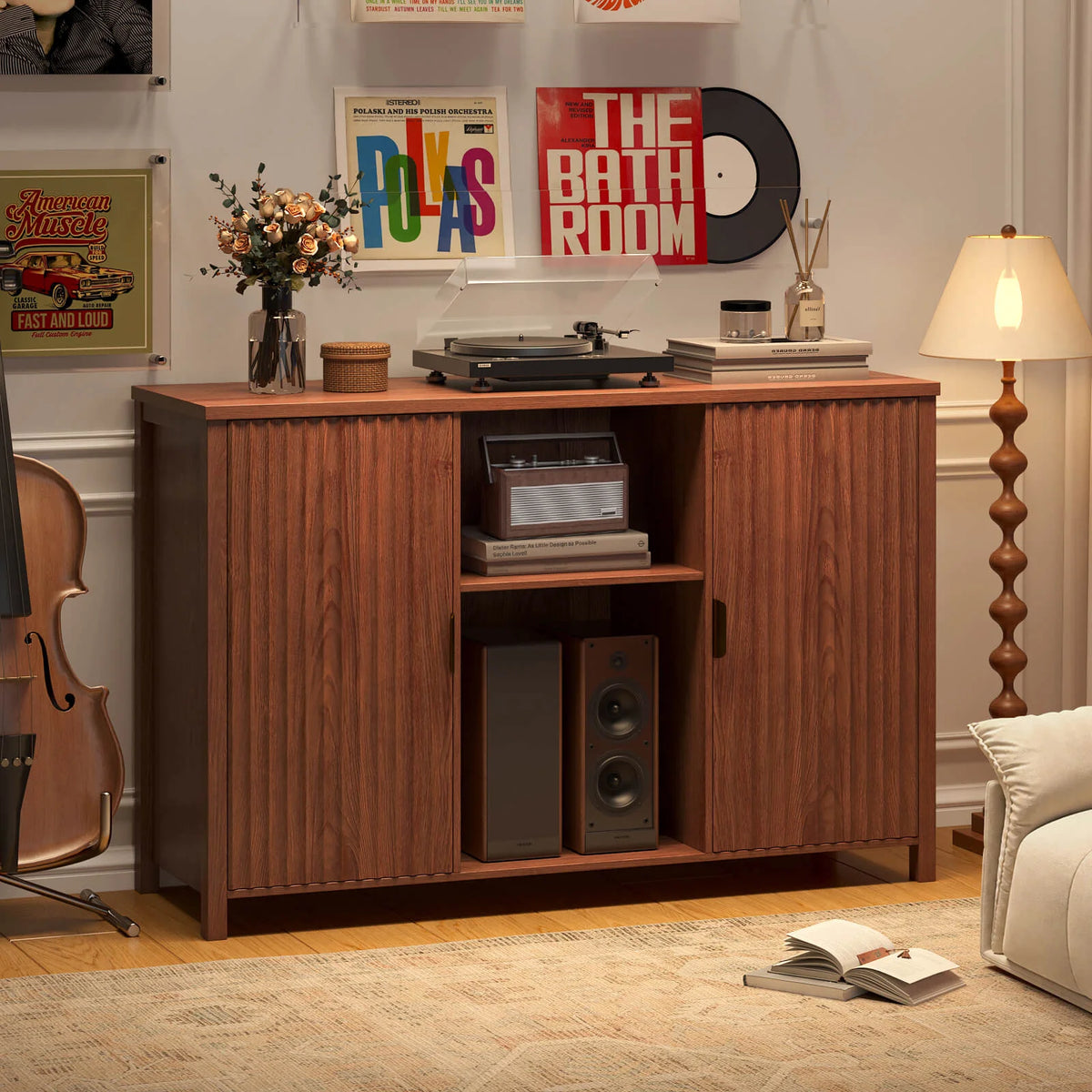 BROTTAR 47" Fluted Record Player Stand with Large Vinyl Storage