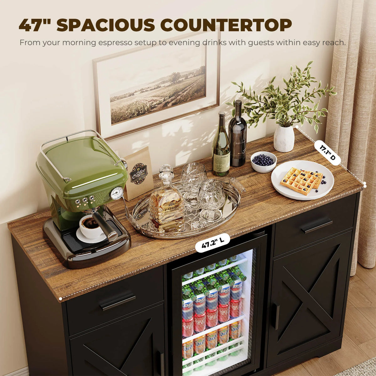 BROTTAR 47" Farmhouse Coffee Bar Cabinet with Beverage Fridge