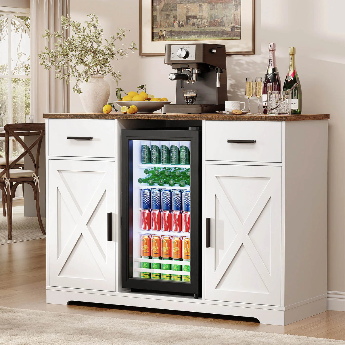 BROTTAR 47" Farmhouse Coffee Bar Cabinet with Beverage Fridge