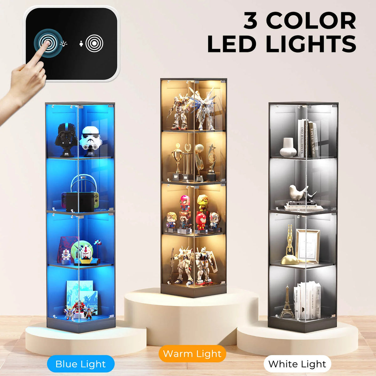 BROTTAR 4-Tier Rectangular Corner Display Cabinet with LED Lights