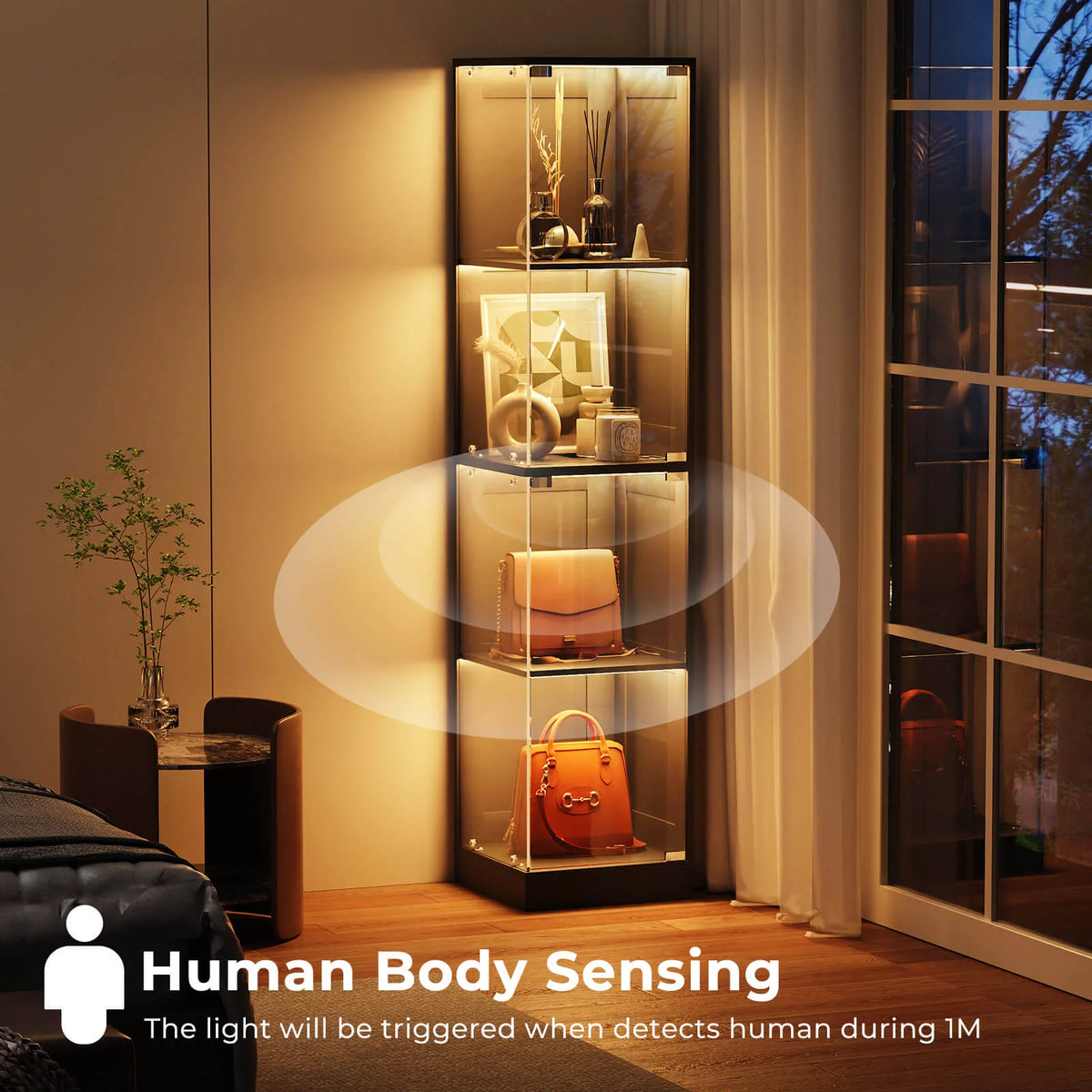 BROTTAR 4-Tier Rectangular Corner Display Cabinet with LED Lights
