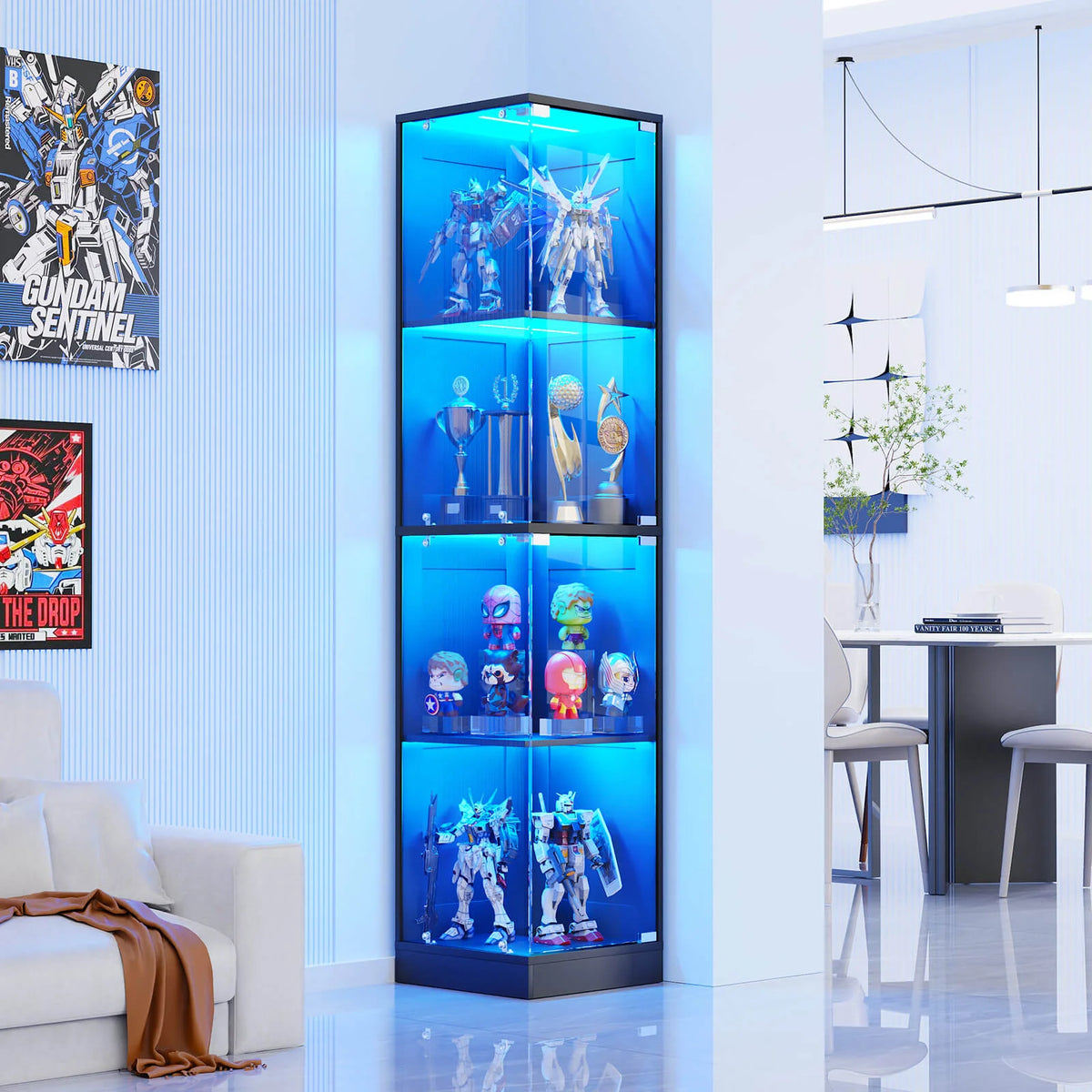 BROTTAR 4-Tier Rectangular Corner Display Cabinet with LED Lights