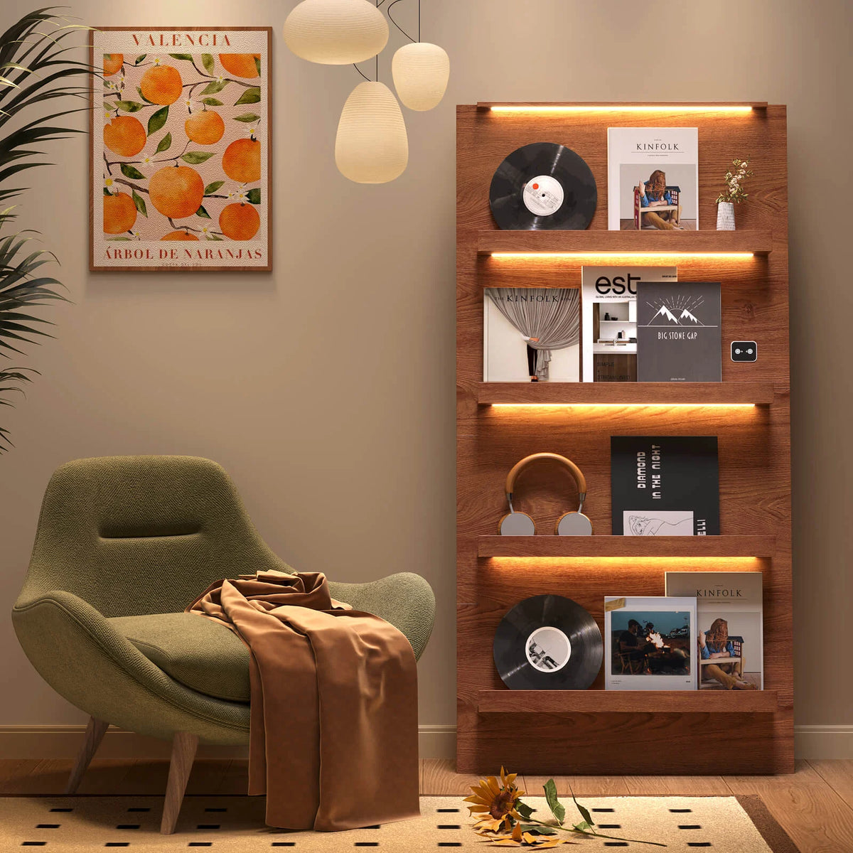 BROTTAR 63" 4-Tier Vinyl Record Display Shelf with LED Lights