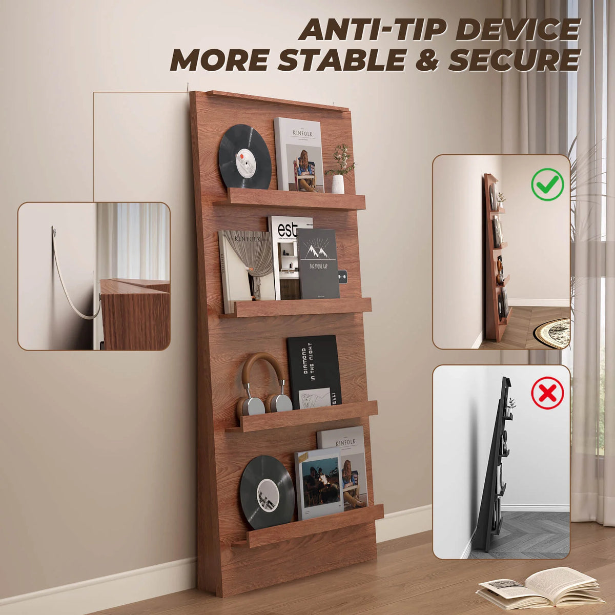 BROTTAR 63" 4-Tier Vinyl Record Display Shelf with LED Lights