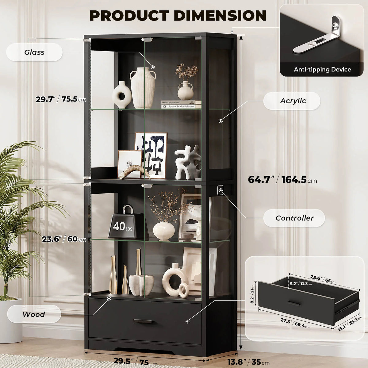BROTTAR 65" 4-Tier Glass Display Cabinet with Storage Drawer & LED Lights