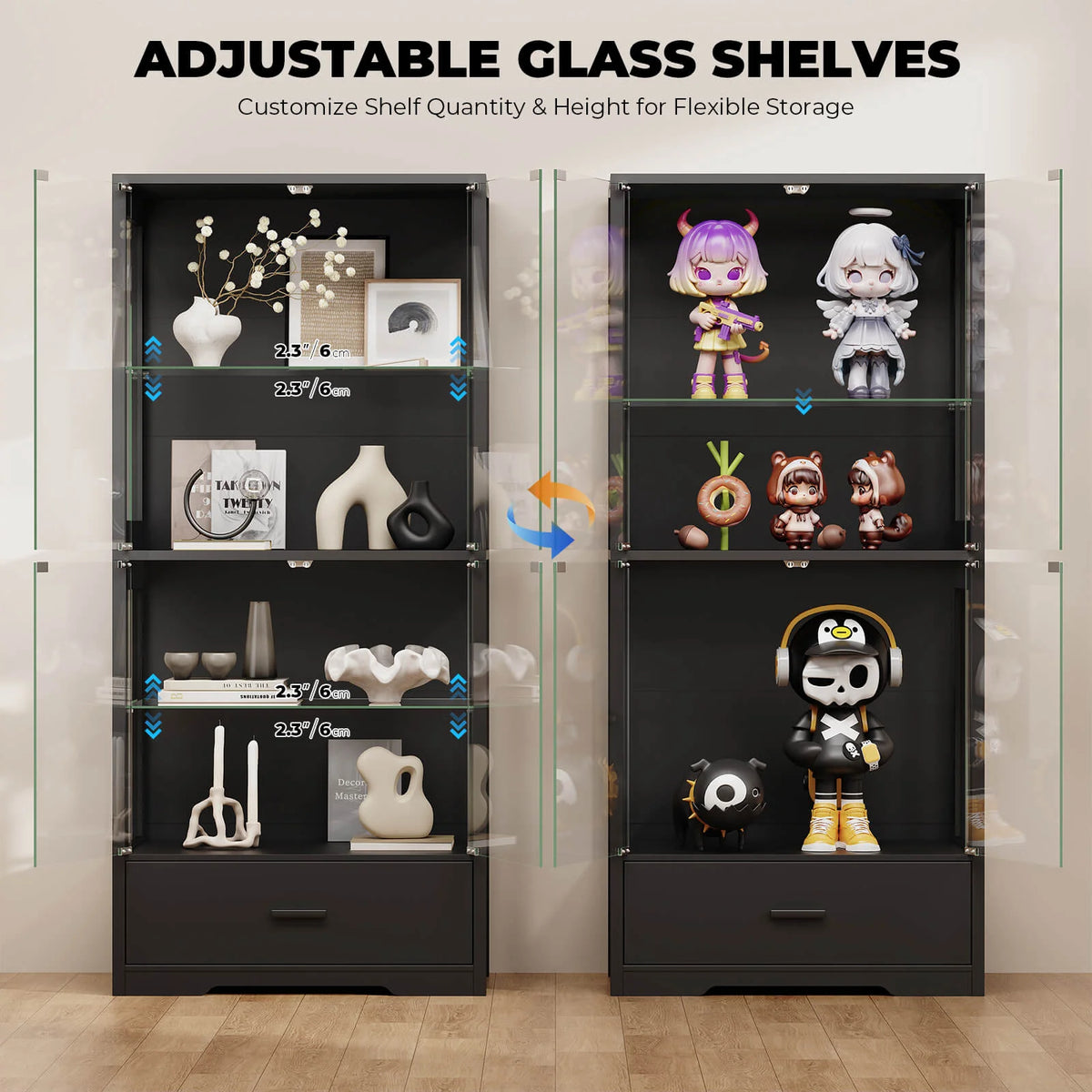 BROTTAR 65" 4-Tier Glass Display Cabinet with Storage Drawer & LED Lights