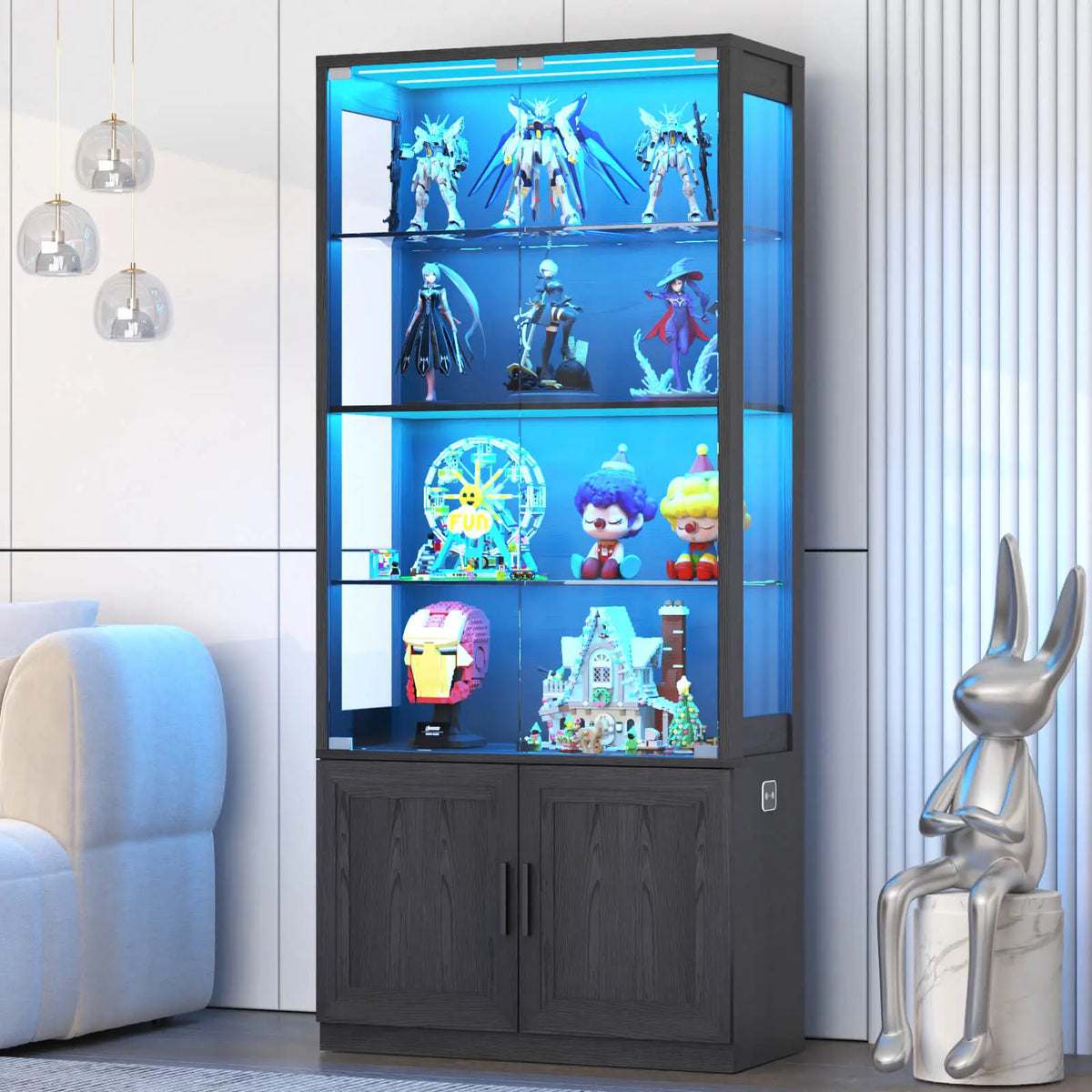 BROTTAR® 67" Modern Glass Display Cabinet, Floor-Standing Curio Cabinet with LED Lights