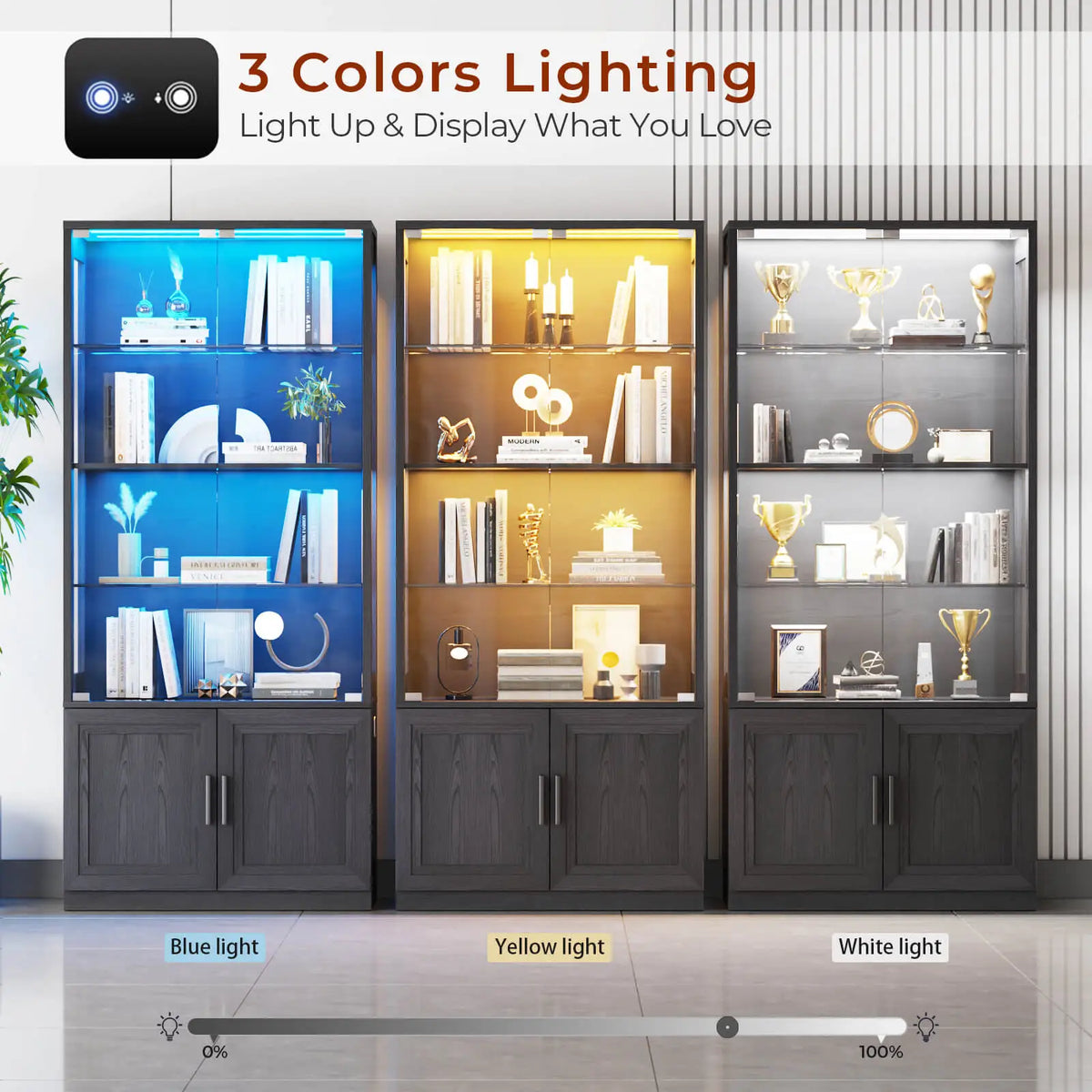 BROTTAR® 67" Modern Glass Display Cabinet, Floor-Standing Curio Cabinet with LED Lights