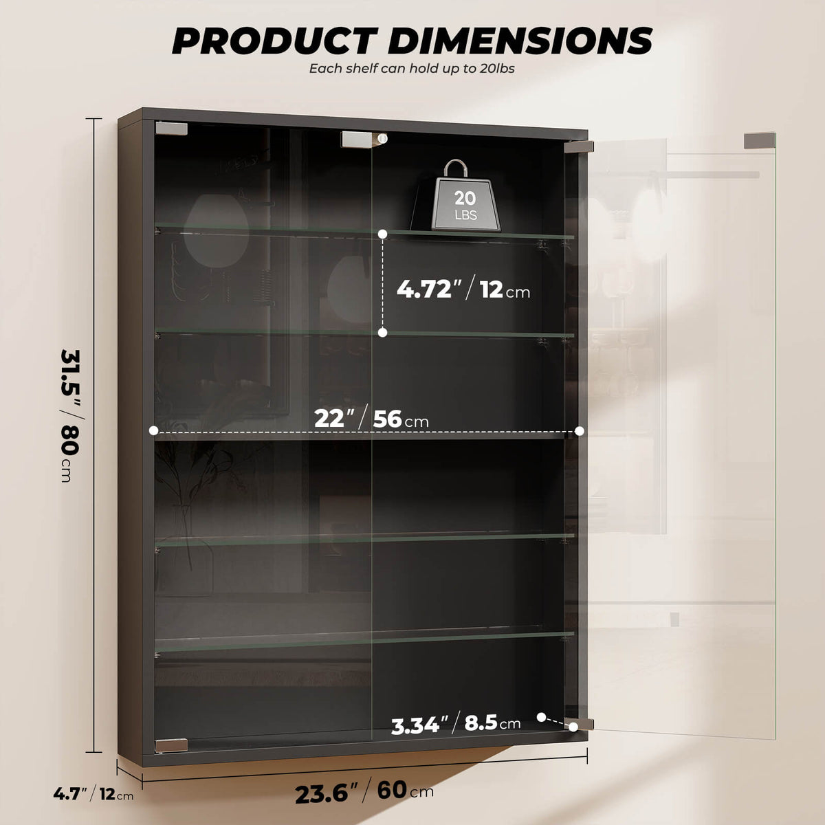 BROTTAR® 6-Tier Wall-Mounted Display Cabinet with Glass Doors & LED Lights