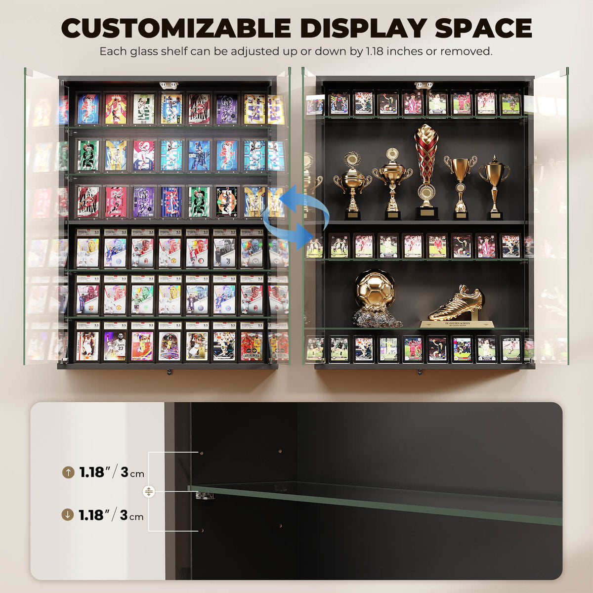BROTTAR® 6-Tier Wall-Mounted Display Cabinet with Glass Doors & LED Lights