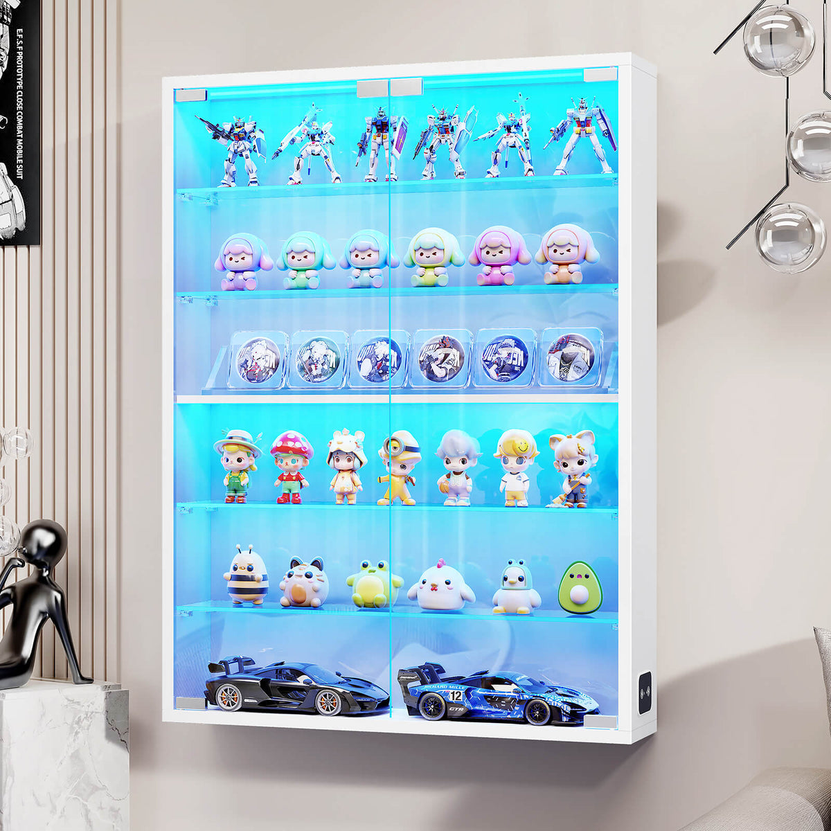 BROTTAR® 6-Tier Wall-Mounted Display Cabinet with Glass Doors & LED Lights