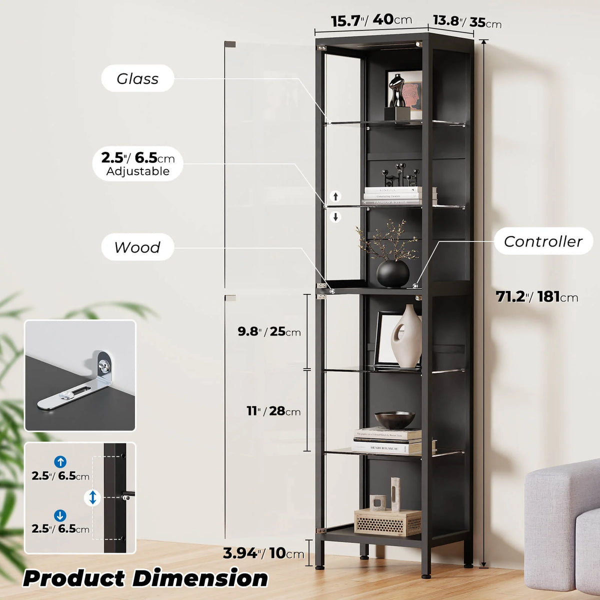 BROTTAR 71" Tall Glass Display Cabinet with LED Lights