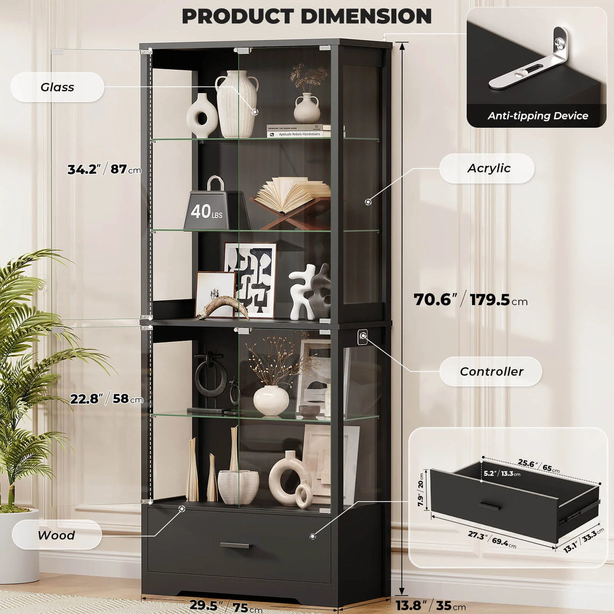 BROTTAR 71" 5-Tier Glass Display Cabinet with Storage Drawer & LED Lights