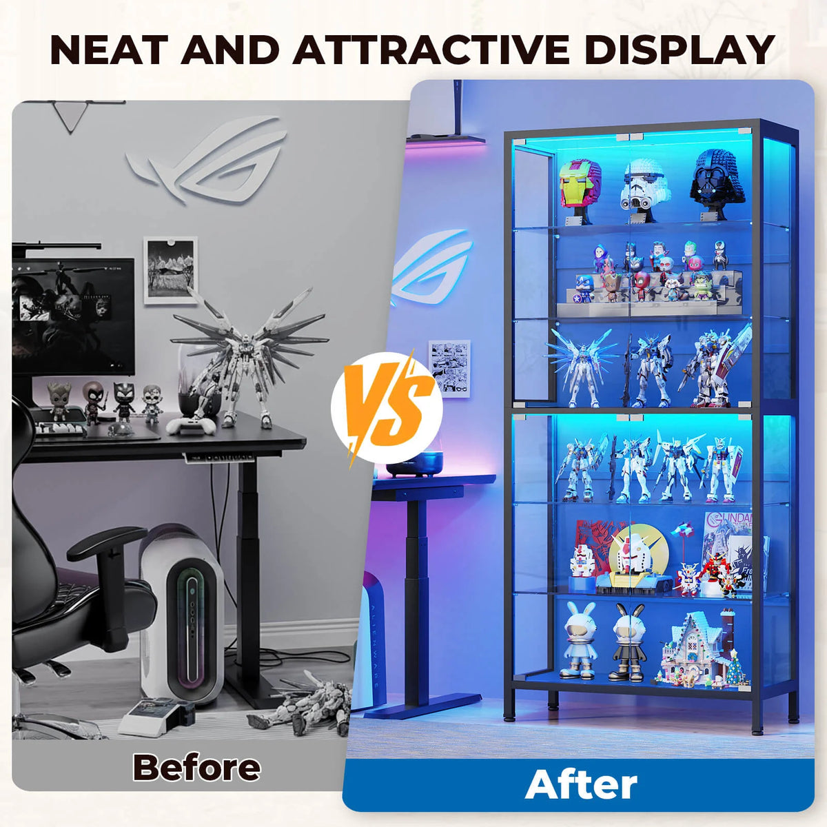 BROTTAR 71" 6-Tier Glass Display Cabinet with Adjustable Shelves & LED Lights