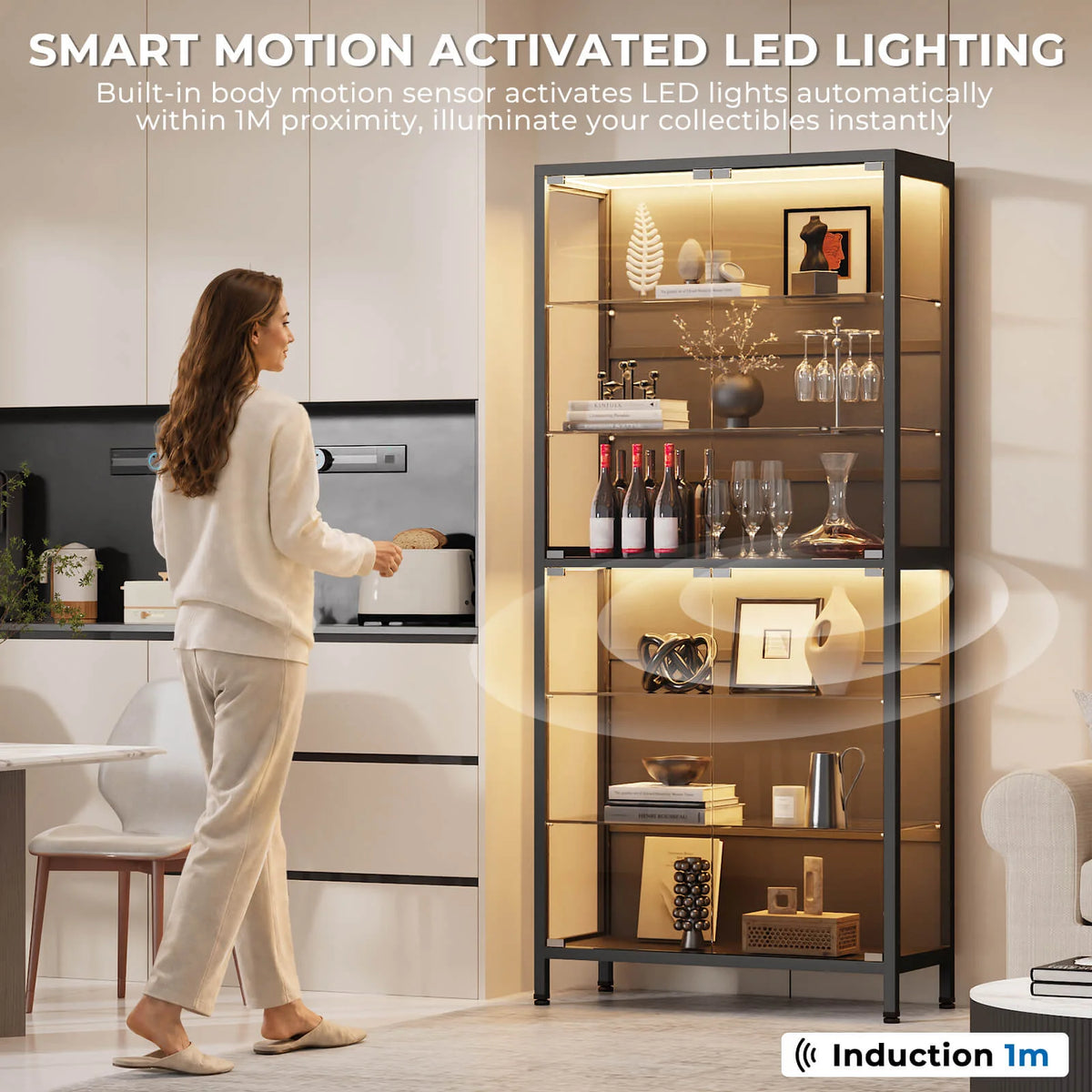 BROTTAR 71" 6-Tier Glass Display Cabinet with Adjustable Shelves & LED Lights